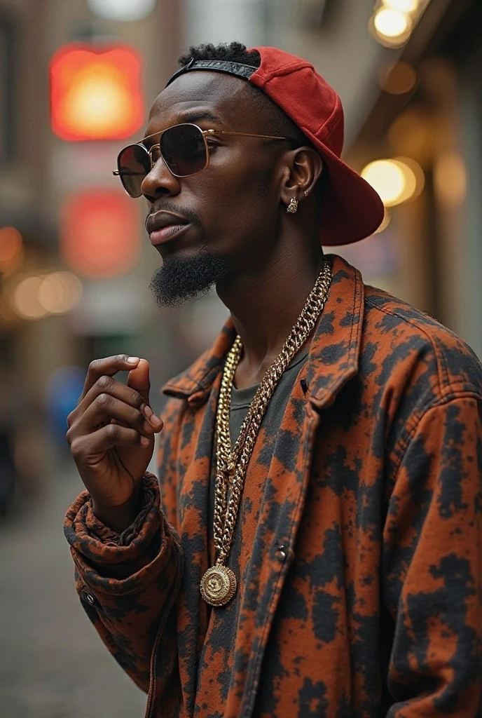 Black man in red and white striped clothing , with a small white hat on his side, cigarettes in his mouth, leaning against the wall