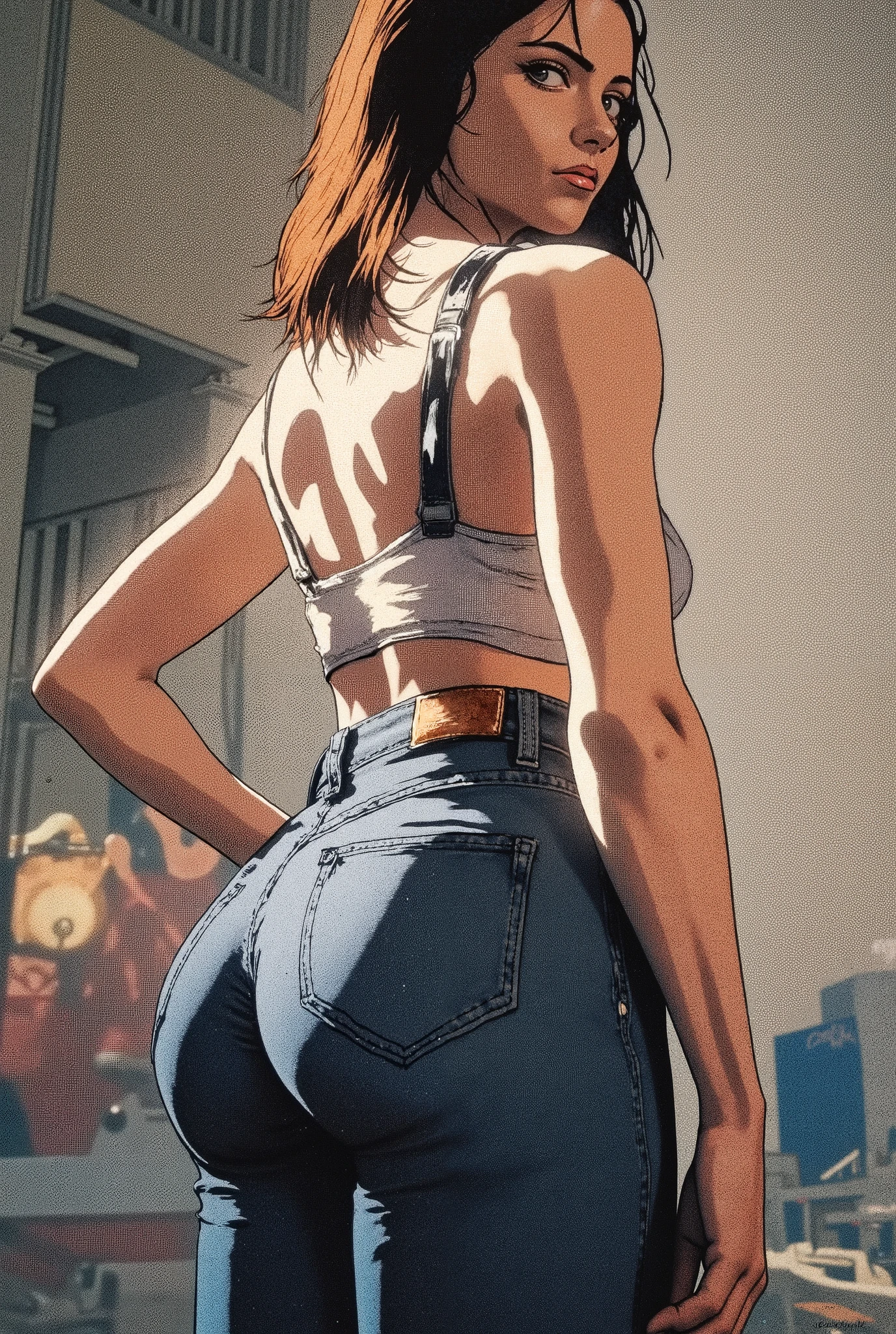 high quality, perfect lighting , cara detallada, detailed body, a girl, Alone , ( skinny jeans), standing , Also, ((Also)) round shape :1.2, big breast, thick thighs, wide hips , narrow waist , Desde atrás