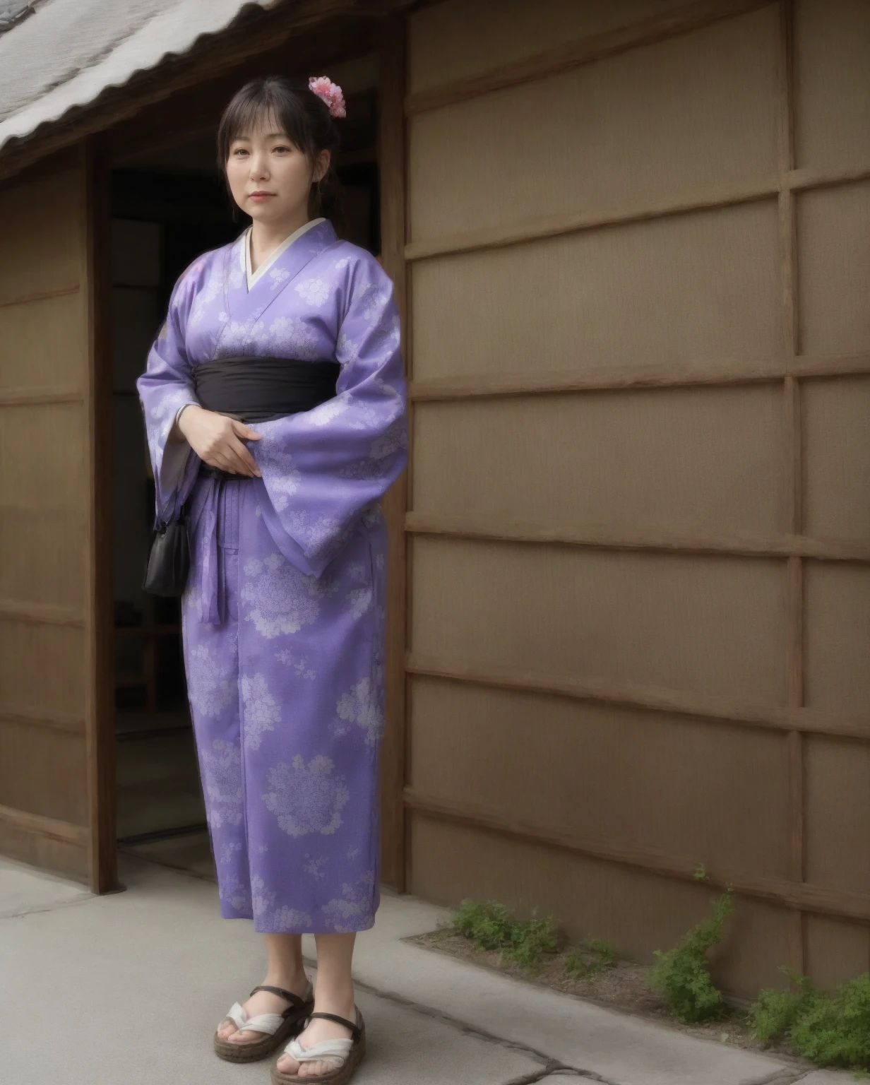 Character of 50 years old a little fat feminine japanese ghibli style