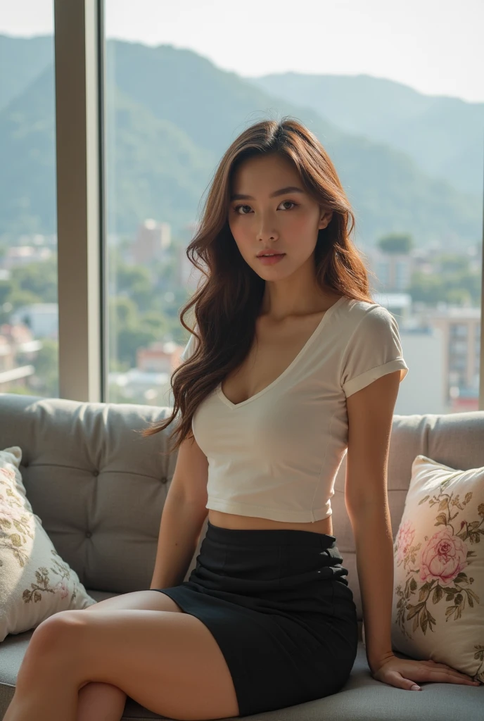 sitting on luxury sofa, pov from front, (tshirts), (mini skirt), (short skirt), (upskirt), (open legs), (spread legs), (spreading legs), (open crotch), (spread crotch), (spreading crotch), (visible panties), (panties inside skirt), front view, long hair, (detailed face), (window, night city view), at luxury bedroom, tempting pose, cowboy shot, mouth closed, black eyes, 1 girl, 20yo,Young female,Beautiful Finger,Beautiful long legs,Beautiful body, beautiful breasts, beautiful nipple, beautiful vagina, Beautiful Nose,Beautiful character design, perfect eyes, perfect face,expressive eyes,perfect balance, (looking at viewer), official art,extremely detailed CG unity 8k wallpaper, perfect lighting,Colorful, White skin, (masterpiece:1.0),(best_quality:1.0), ultra high res,4K,ultra-detailed, photography, 8K, HDR, highres, absurdres:1.2, Kodak portra 400, film grain, (vibrant_color:1.2),professional photograph, (Beautiful,huge_Breasts:1.4), (beautiful_face:1.5),(narrow_waist)