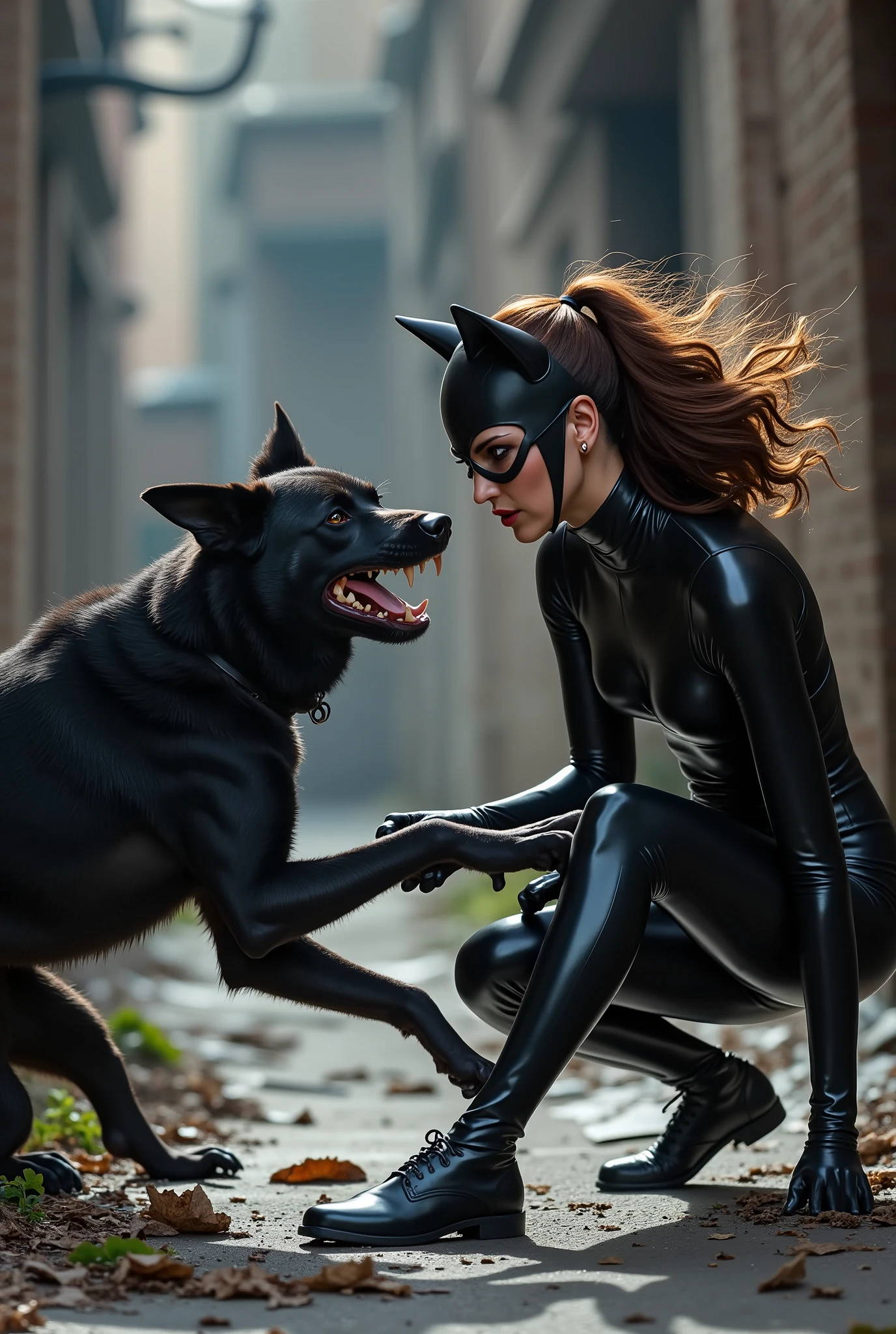 super realism, high quality photos, Catwoman and dog fight