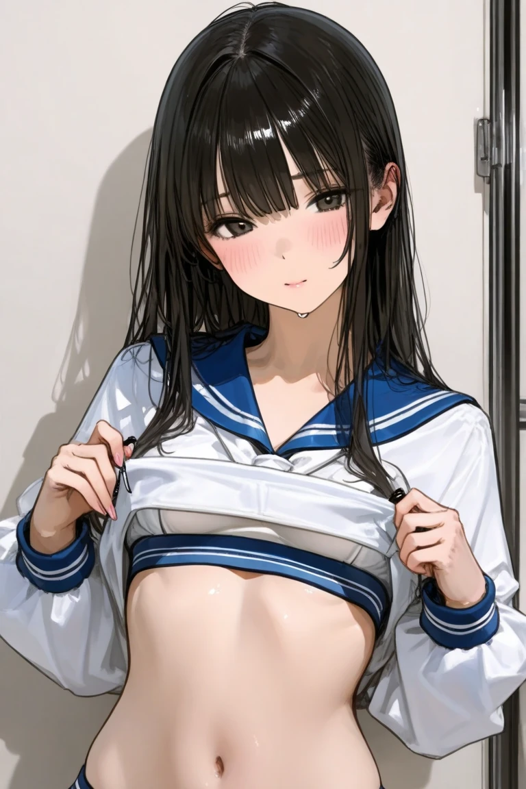 (Official Art、highest quality、Unity 8k wallpaper、32k、 masterpiece、Very detailed、High resolution,Perfect Anatomy),(Natural soft light:1.2),Beautiful face and eyes in every detail,Cowboy Shot,(focus 1 female,alone), beauty、Japanese, Success Master:1.5、Black Hair,Long Hair,Blunt bangs,black eye,(Small Head:1.4, Ideal body type:1.5,skinny:1.2,Big Breastsniform:1.3、Short sleeve、Sailor t、Pleated mini skirt)、Kouo's stance:1.5、Fighting Pose:1.4、Big Breasts、perfect ratiortions、Showing cleavage、I can see the nipples、Roll skirt、I can see the low、The genitals are clearly visible、Second dimension beautl、Pure erotic face、sexy look、Big eyes、Beautiful Eyes、Perfect beautirl、Expressi of ecstasy、The cutest in the world、I