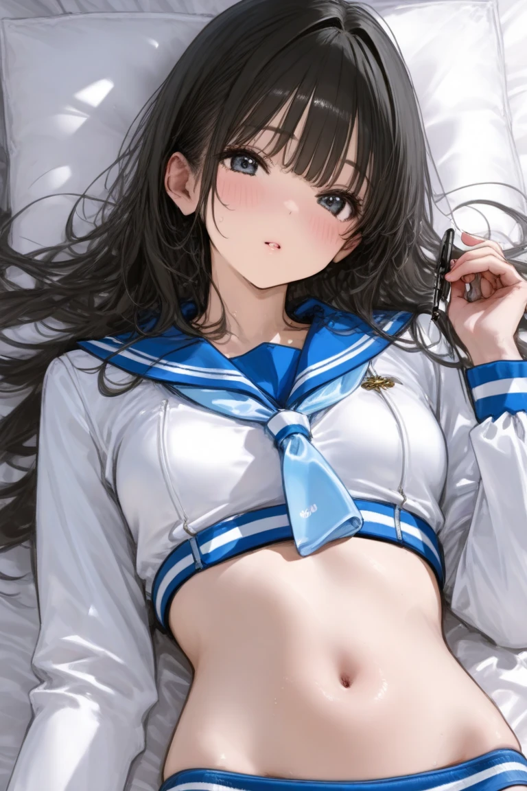 Girl with two small ,twin,Little ,Primary school students,cute,Kawaii,Very transparent,(see-through sailor suit|1.2),Sng belly,bedroom,Lying in bed,