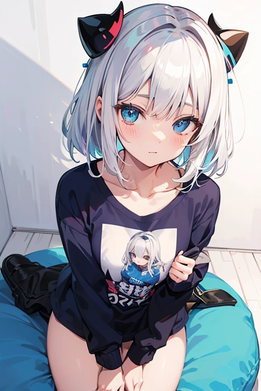 high quality, 最high quality、 Stylish design, (((The cutest girl))), ((Thin legs))、(((最high quality))), High resolution, ((detailed)), ((masterpiece)), ((Super detailed)), 14-year-old girl,(Inner color hairstyle),((She's wearing a dress shirt and her bra is visible underneath、Pastel colored 、underwear)),((Sexual)),((Top view))