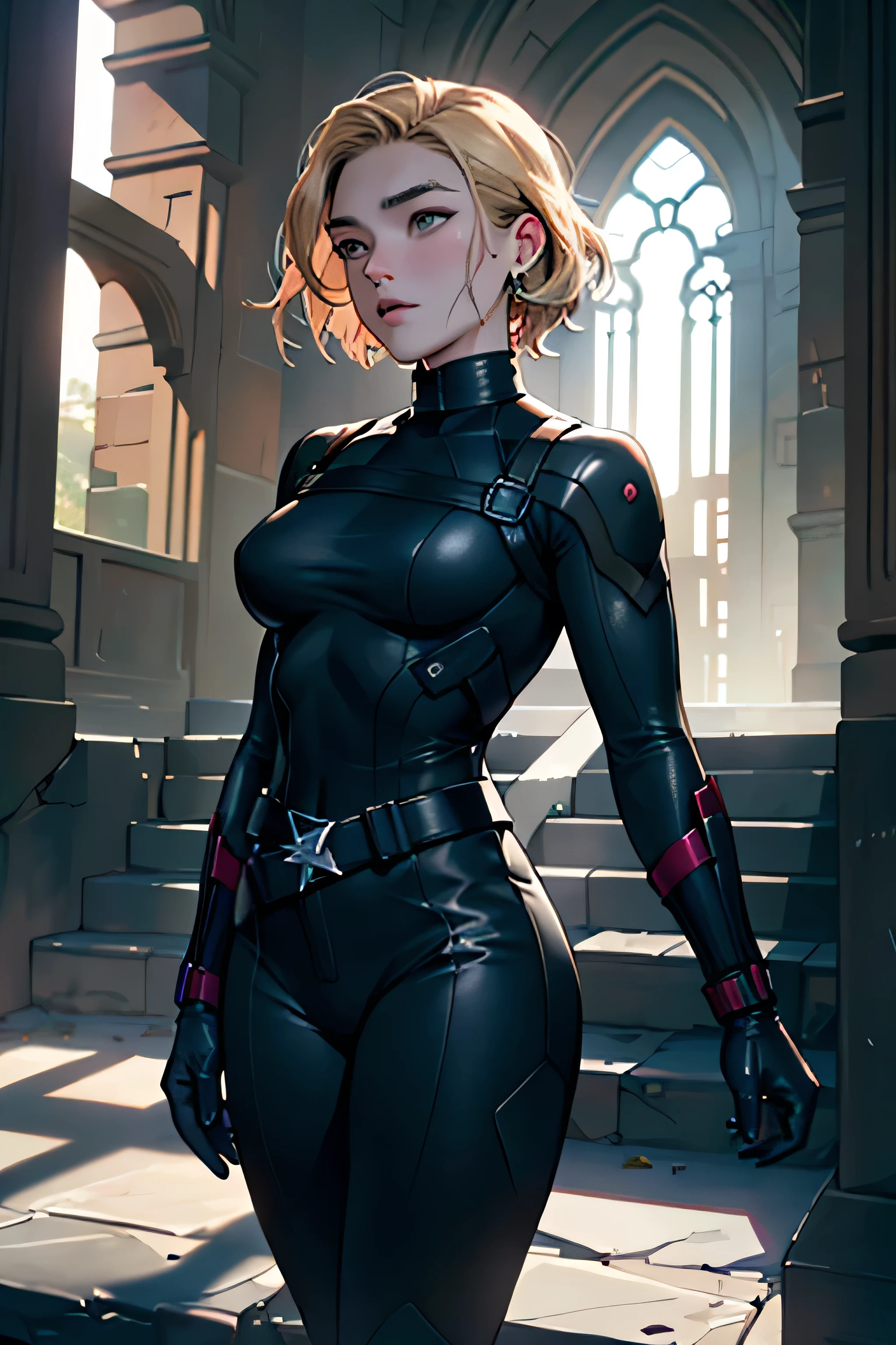 ((Best Quality)), ((masterpiece)), (Wise), ((Florence Pugh)), ((Yelena Belova)), perfect face、accurate、(accurate手と指の描写)、(accurate唇の描画)、 Black Widow、 Mi Shorthair 、Black nail polish、(Black Widow costume)、(drool:1.0)、(sweated:1.1)、thin waist、glamorous, side lighting, Best Shadow, Special Effects、(Dark Ruins :1.team:1.2)