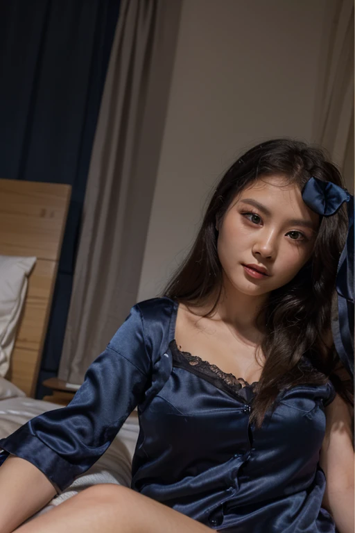 Photorealistic Beautiful black girl,African girl,Thin,Dark skin,Wearing a sky blue nightdress,Long silk dress,on bedroom,Strong gaze,ultra-realistic realism