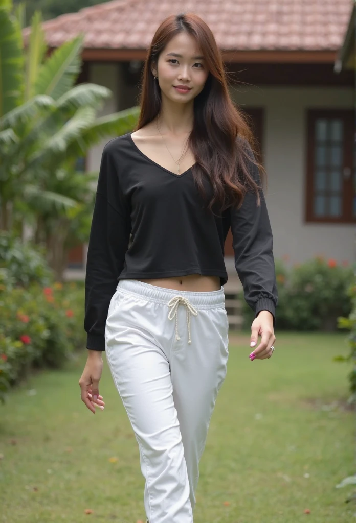 25 years old, girl, black blouse with white dots, navy blue skinny jeans, black hair, indonesian girl, smile, with heel