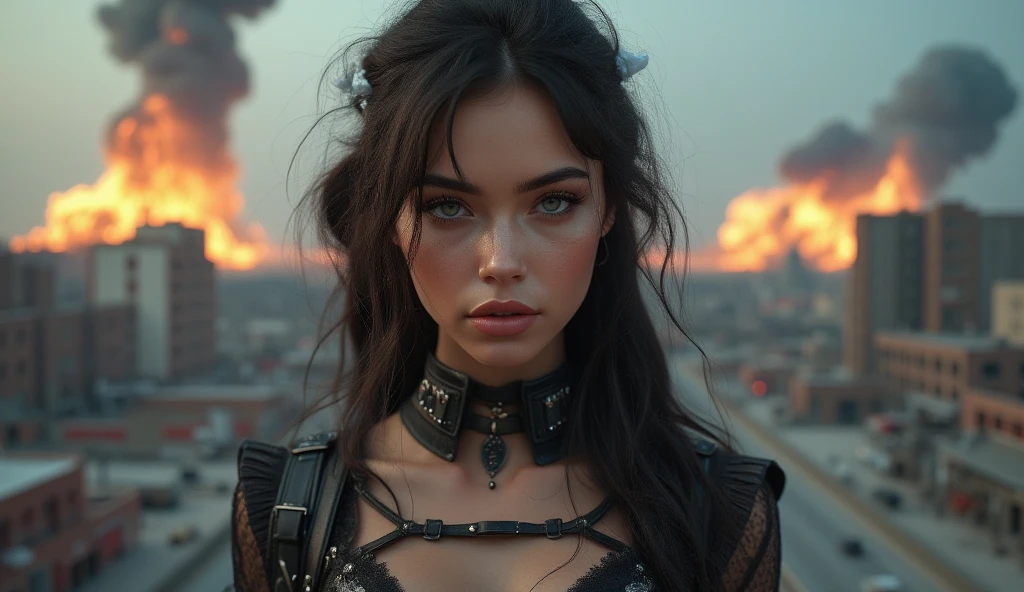 best quality, masterpiece, (realistic:1.2), young woman, waist up, post apocalypse style, detailed face, detailed eyes, detailed floating hair, strict expression, detailed skin, post apocalypse clothes, dramatic, vibrant, sharp focus, intricate post apocalypse environment,600mm,F2.8