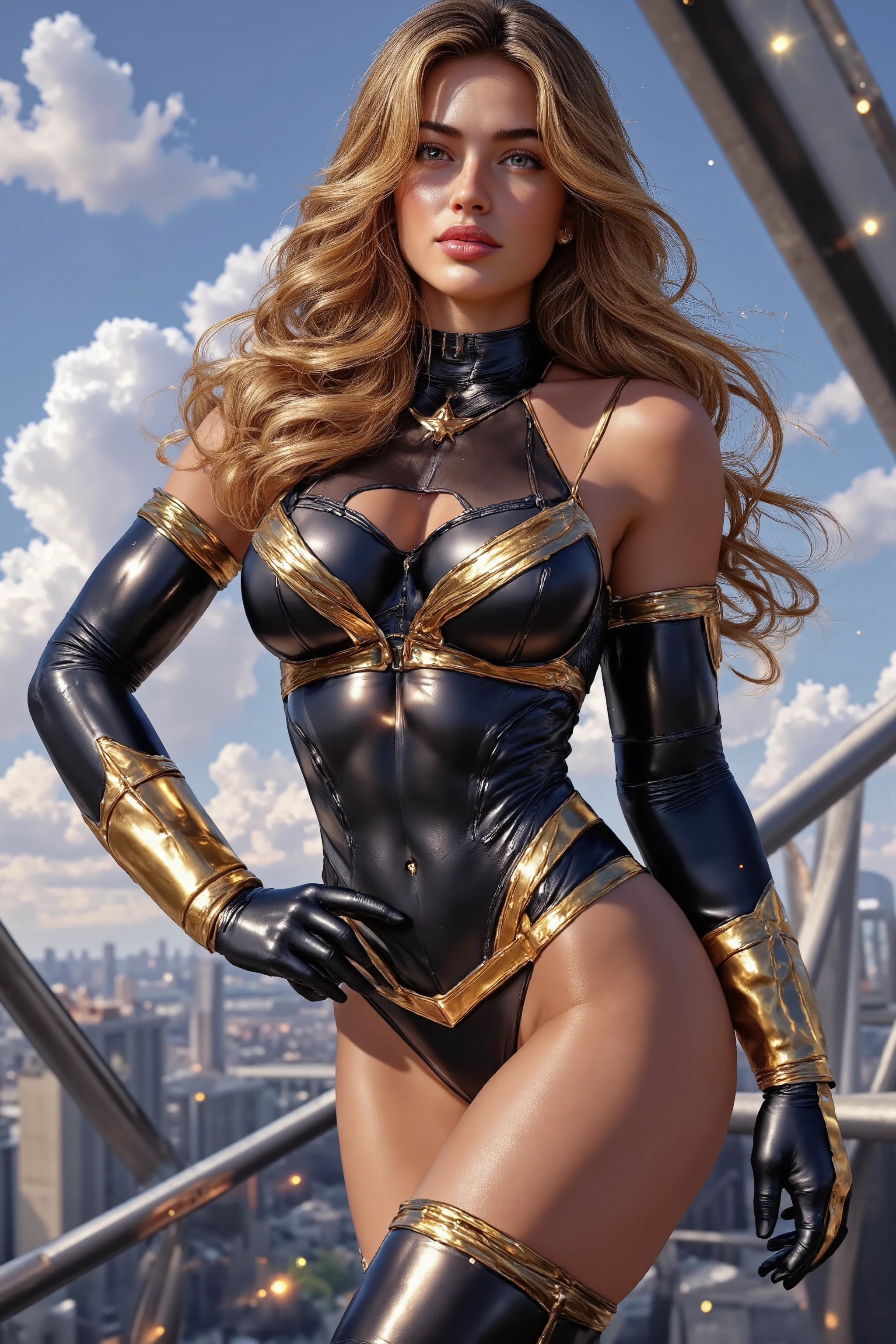 high quality, 4k, ultra-detailed, realistic, masterpiece, photorealistic, marvel comics character, ms marvel, long hair, confident expression, heroic pose, flying in the air, energy effects, city skyline background, glowing energy powers, cinematic lighting, dramatic shadows, comic book art style, digital painting