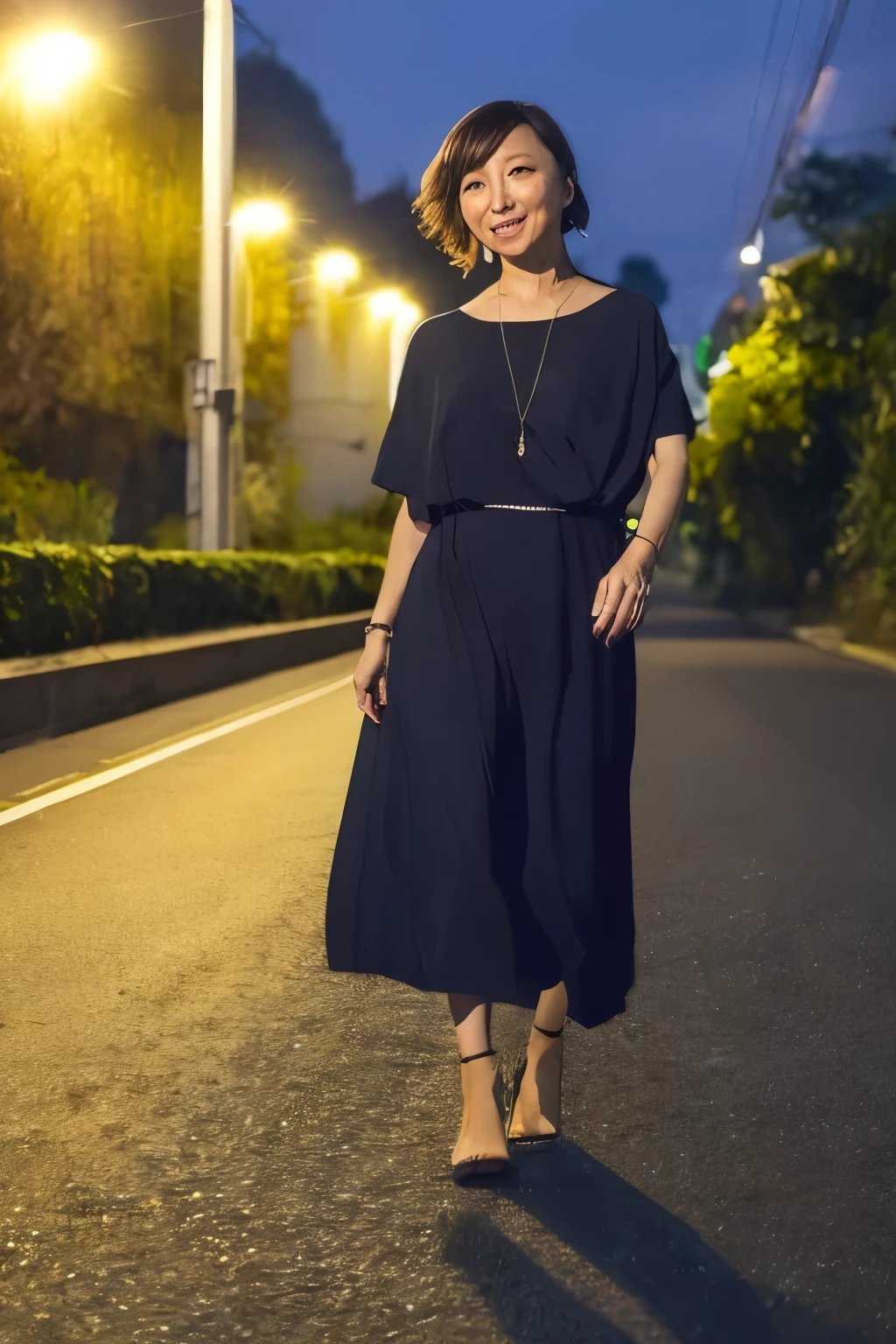 Car parts are scattered on the highway, and a black Prius is parked on the side of the road with its front end crashed. With this in the background, 44-years old Hirosue Ryoko is walking towards us.at night, She has her arms outstretched, posing like a cat scratching.