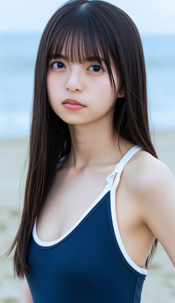 ((Extremely precise and accurate anatomy)), (masterpiece:1.43), Perfect balance, Realistic photos, ((Shrapnel:1.22))、Mid 20s、young woman、Very realistic、High resolution photos、Wavy, Shoulder-length chestnut hair、Grace from the shoulders down、The eyes are a striking green with gold flecks.、Natural arched eyebrows、The skin is white and smooth、natural, Healthy shine、A kind smile、Straight and white teeth、A micro bikini made from soft and lightweight fabric for a snug fit.、Sunlit beach in the evening、The sea swaying in the wind、Clear deep blue sky with white clouds、The sunlight is warm and golden、Natural highlights and shadows that accentuate facial features and clothing textures、メイクは最小限でnatural、Light Foundation、A faint blush、Subtle eyeliner、A little mascara々、Soft pink lip color、Mr.々Pose、Mr.々Show a facial expression、Wavy hair、A sense of movement and vitality、(((Shallow depth of field effect)))、Image focus、The atmosphere is warm、The energy of joy、Natural Beauty