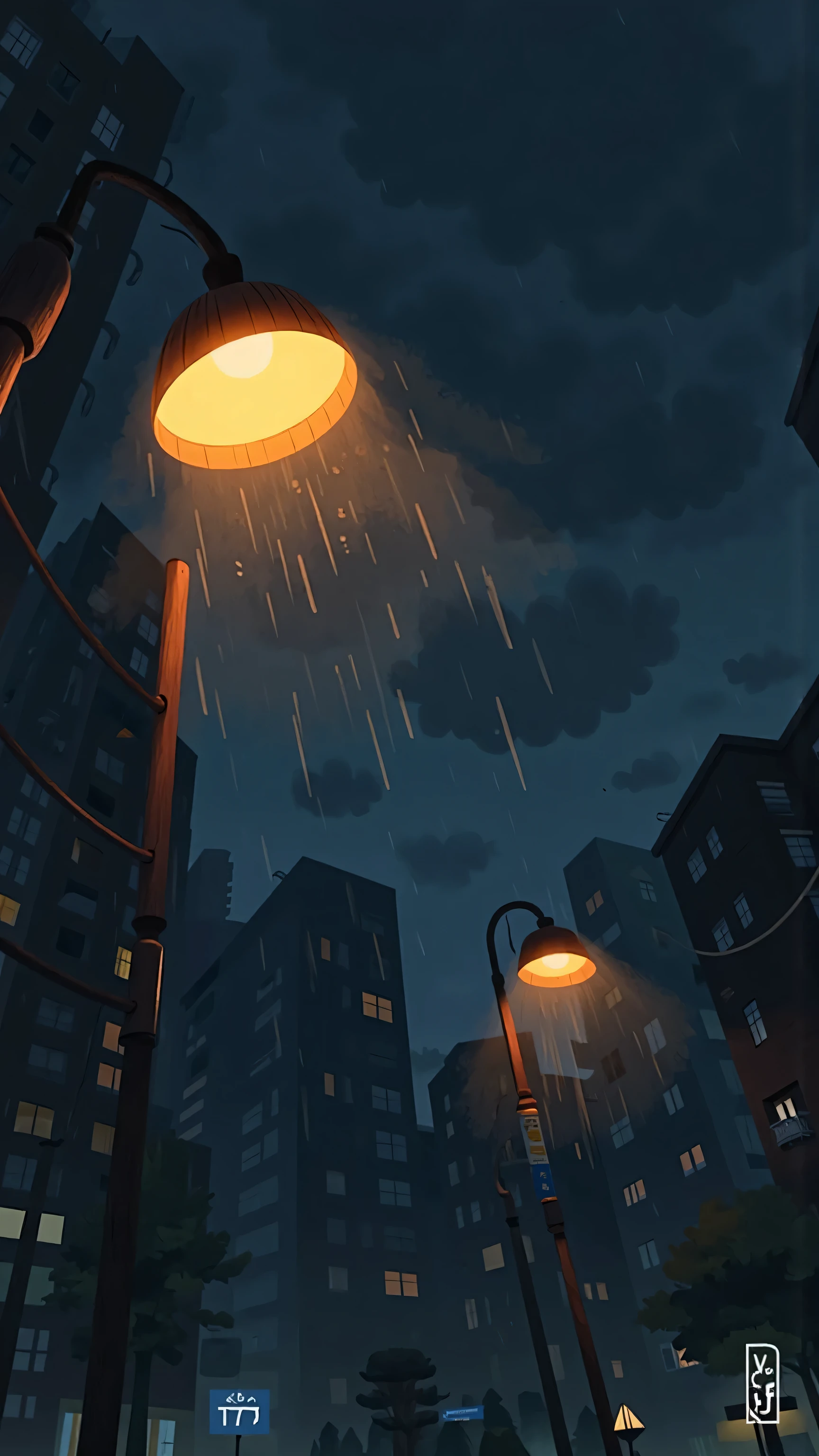 Close-up shot,anime style rainy night scene,A pair of modern street lamps glow warmly in heavy rain,Street lamp close-up。The background is filled with darkness、Dramatic clouds ,The raindrops fall steadily across the frame,tall buildings from upstairs。The lamp emits a soft orange light,Slightly scattered by rain。The mood is melancholic、Movie-like、atmospheric,Evoking a sense of loneliness and quiet reflection。bright contrast,Detailed raindrop effect