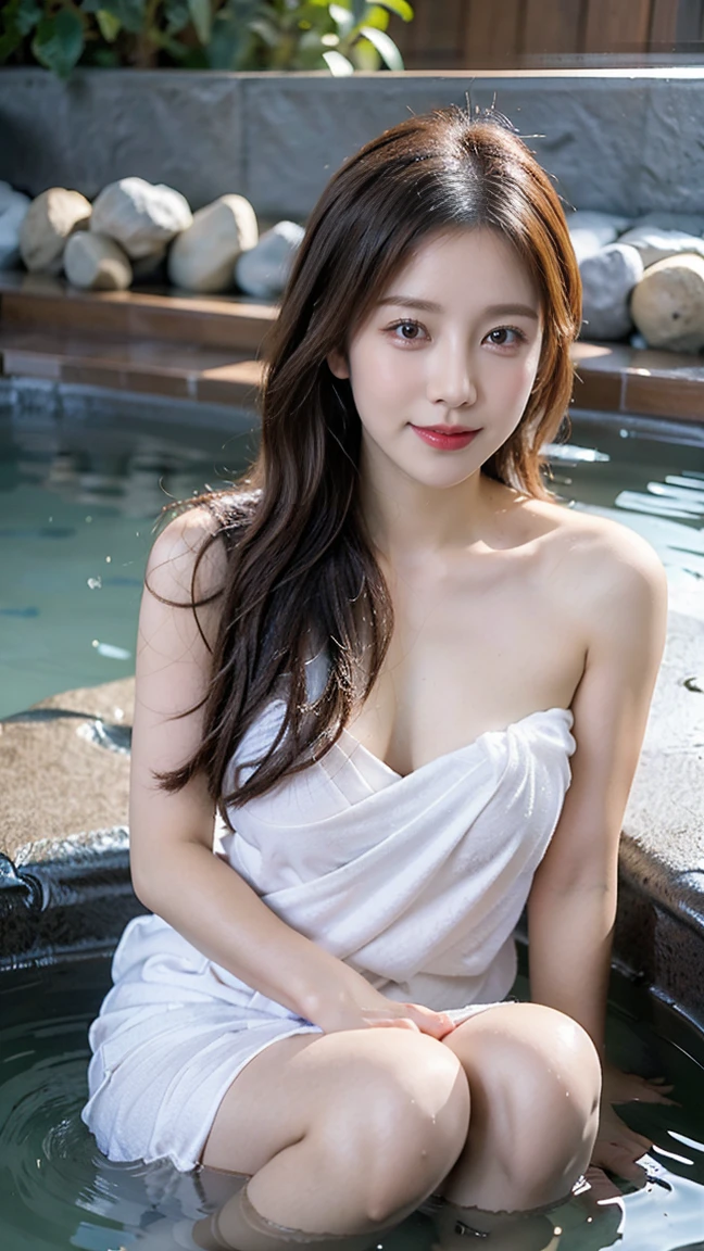 the only idol,cute woman,A smile that makes people happy,dojo characters.Light brown and orange two-tone short hair,floating hair,messy hair,red cheeks,red lipstick.Summer white dress that is wet and transparent,(sunlight,In the deep mountains,rock,melting snow,clear water,beautiful clear stream,)Bend over to play in the water.big breasts,Emphasizing her big swaying breasts, her whole body is drenched,soaking wet costume ,wet hair,wet face,wet body,wet and shiny skin,)(Chest sways from side to side:1.3), (table top,highest quality,Ultra high resolution output image,)