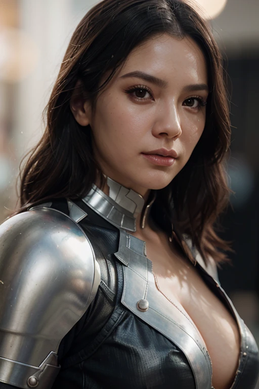 A hyper-realistic image of a female Karnathi humanoid character, closely resembling the provided 3D model. The character stands at approximately 1.8 meters tall with a light gray skin tone that has a smooth, almost metallic texture. Her body is athletic, with well-defined muscles, highlighting her strength and agility. Facial Features and Horns: Her face is defined by sharp, angular features with a pronounced jawline and high cheekbones. She has distinct bony protrusions on her forehead, resembling small, crown-like horns. These horns curve slightly backward and are a prominent feature of her anatomy. The facial expression is serious, reflecting her stern and focused demeanor. Her eyes are deep-set and intense, with a piercing gaze that conveys both intelligence and determination. Body Details: Her body is adorned with light gray bone-like scales that are visible on her shoulders, upper chest, and forearms, providing a subtle contrast to her lighter skin tone. These scales are smooth and minimal, accentuating her alien nature while maintaining a humanoid appearance. Additional bony protrusions are present on her back and thighs, seamlessly integrated into her body structure. Clothing: She is dressed in minimal clothing that consists of dark-toned undergarments, which contrast with her light skin and emphasize her athletic build. The clothing is simple and functional, designed to offer coverage while showcasing her physical form. The textures and folds of the fabric should appear realistic and naturally conform to her body. Pose and Expression: She stands in a neutral position with her arms slightly outstretched, as if ready for action, while maintaining a balanced posture. Her expression is focused, with a slight furrow in her brow, giving her an intense and commanding presence. Background: The background should be neutral, focusing all attention on the Karnathi character. The lighting is soft, yet sufficient to highlight the intricate details of her skin, scal