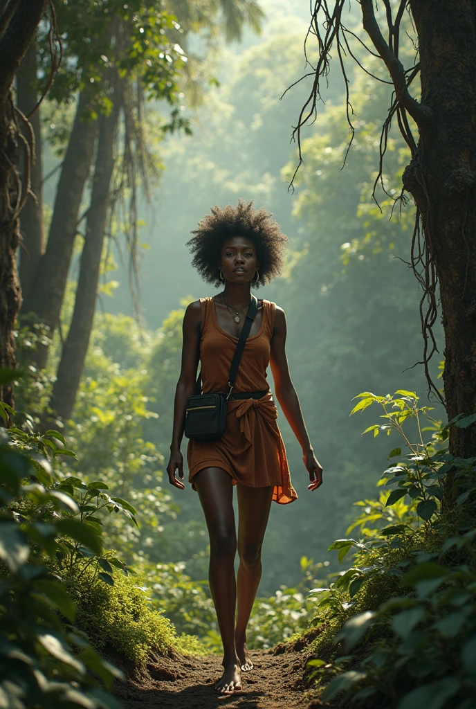 clearing! Here is a description of a trailblazer with curly hair:
**Image Description:**
The trailblazer is in a dense jungle setting. She is a woman with voluminous, well-groomed curly hair., tied in a messy bun for easy movement. His face is partially covered by an exploration hat., with an expression of determination and courage.