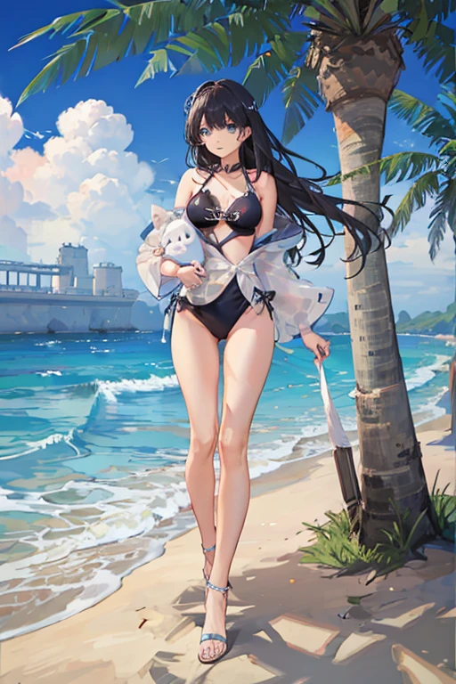 Low - Angle,from below,(1 girl),alone,(Raiden Shogun in Genshin Impact), ((masterpiece, highest resolution,highest quality)), (beautiful illustrations),(Beautiful medium-long dark blue hair),(beautiful blue eyes), (white beautiful elegant one piece swimsuit), (swim in the sea),
innocent smile, white over knee high,lace chalk, Wristband, fingerless gloves, over knee high,
lace chalk, diamond necklace,Wristband, fingerless gloves, earrings, the wind is strong,cinematic lighting, beach, sand, blue sky, Wave, Palm tree,