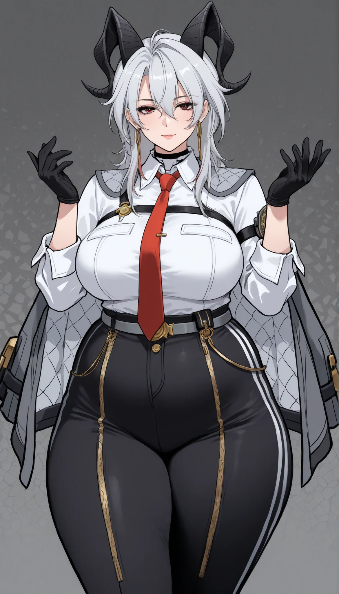 best quality, very aesthetic, intricate details, 1 woman, Mature female, 1girl, solo, mature female, smiling, closed mouth ,1girl, solo, mature female, masterpiece, best quality, solo, 1girl, z4ni, expressionless, looking at viewer, standing, adjusting gloves, long hair, multicolored hair, grey hair, hair between eyes, goat horns, demon horns, red eyes, grey coat, coat on shoulders, white shirt, collared shirt, red necktie, long sleeves, black gloves, black pants, earrings, black choker, large breasts, grey background, abstract background, adult female , mature female, whole body, chubby, chubby girl, curvy, large breasts, lips, plump, thick thighs, thighs, (((oversized gigantic stomach)), curvy, large breasts, lips, plump, thick thighs, thigh, immobile