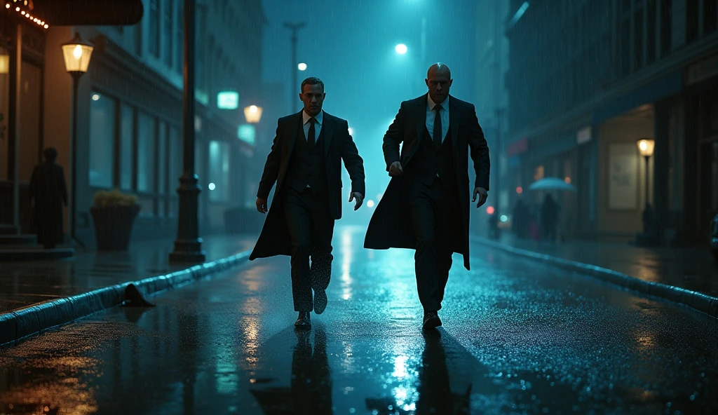 The scene takes place on a deserted, dimly lit New York street on a stormy night, with raindrops falling in thick, glistening drops on the wet sidewalk. Two men in black suits are chasing someone