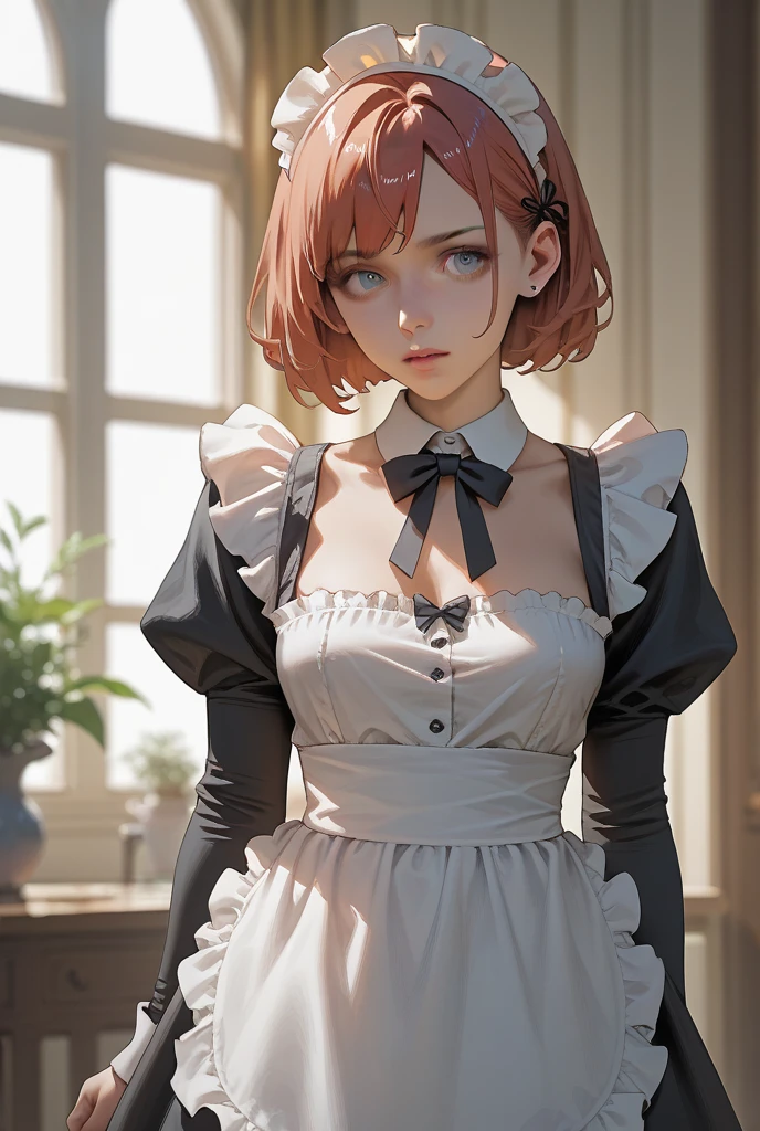 ((((masterpiece, best quality, high resolution)))), Extremely detailed 8K, Beautiful girl with voluptuous body, (Ultra HD, Ultra-detailed, Highly detailed, Highly realistic, Ultra-realistic, photograph realistic), (1girl:1.5), (Realistic red hair), (short wavy hair, hair ornaments, earrings), (dynamic poses), facing at camera, looking at viewer, (blushing red, embarrassed, exhausted, smile), (pink eyes, sharp eyes), (extra huge perky breasts:1.2), (wide hips:1.2), (beautiful detailed face, beautiful detailed eyes), ((maid outfit, maid apron, cat ears headband)), (detail pussy), (standing), sweat, glow, (sunbeam, sunlight), ((cowboy shot)), coffee shop, seductive