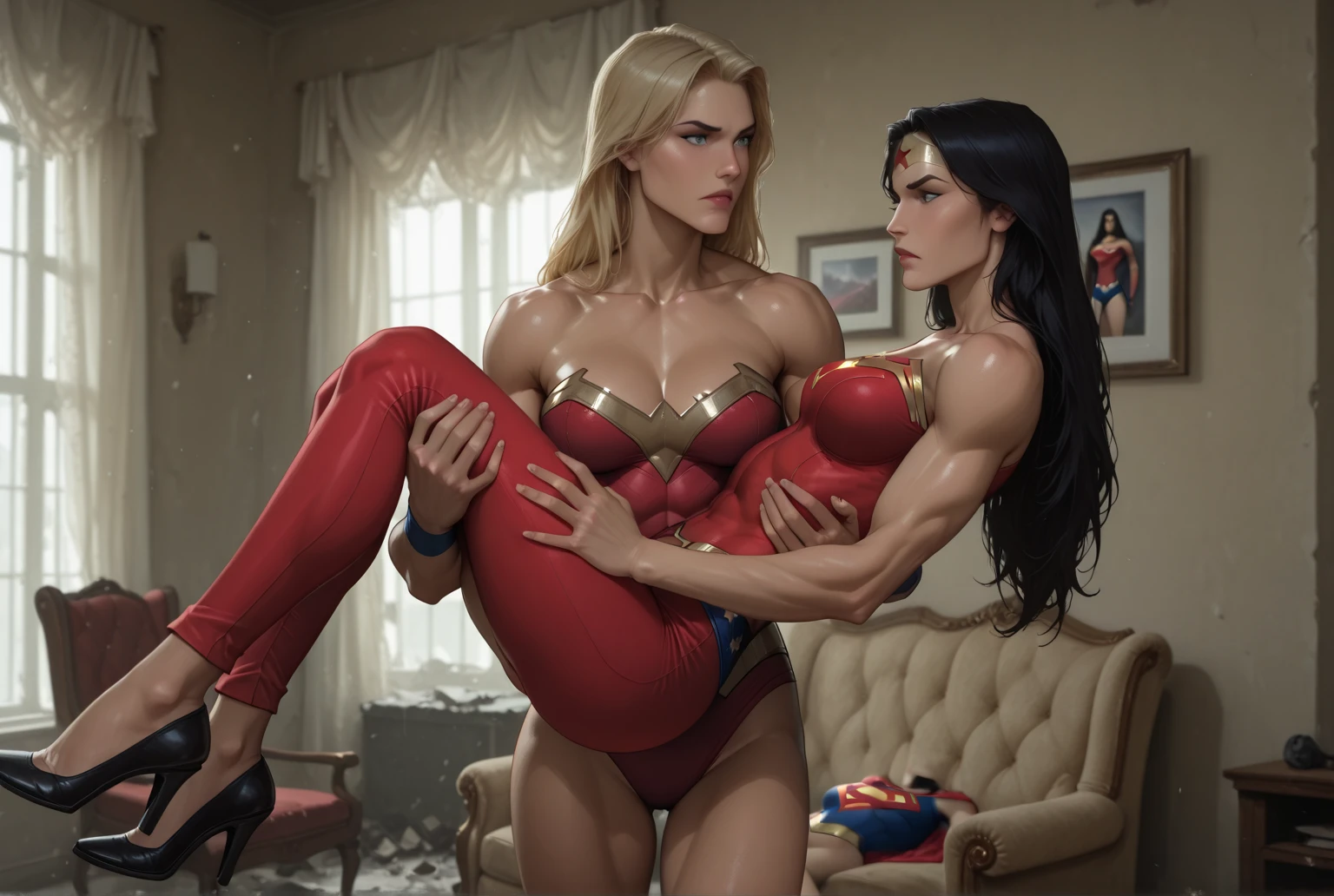 ((multiple thick body mature women age 40 American milf super model)) wearing Asgardian robe, maid standing by watching, (((1man sitting on long couch 1woman smothering breasts on face, quarter side view, riding on top sex pose, grab backside))), smiling, show nipples exposed
