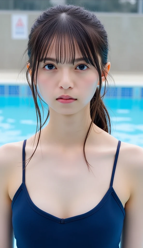 (masutepiece), (pov close up), Best Quality, masutepiece, (Photorealistic:1.2), 1womanl,  Front view, Realistic skin, (Round face), hair messy, Brown hair, human skin imperfection, Blackout lighting, Full body, sixteen years old、swimming pools、School swim wear