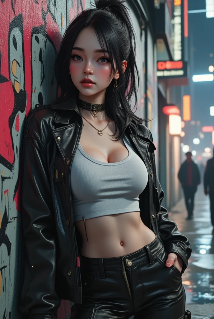 (Evangeline Lilly) Digital illustration featuring a anthropomorphic feline+paws+claw+tail with a striking appearance set against a vibrant, neon-lit urban background. She has human face and black hair with a prominent white streak, styled in a modern. She has yellow eyes. Her skin is fair with a strong complexion, and she has distinct facial features including sharp eyebrows, amber-colored eyes. She wears cat ears on her head, adding a playful yet fierce element to her look. Her attire includes a black choker and a black jacket. A noticeable tattoo of a skull with a gear design is visible on her upper arm. The background is filled with colorful, blurred neon signs in various shapes and sizes, contributing to the cyberpunk aesthetic of the image.