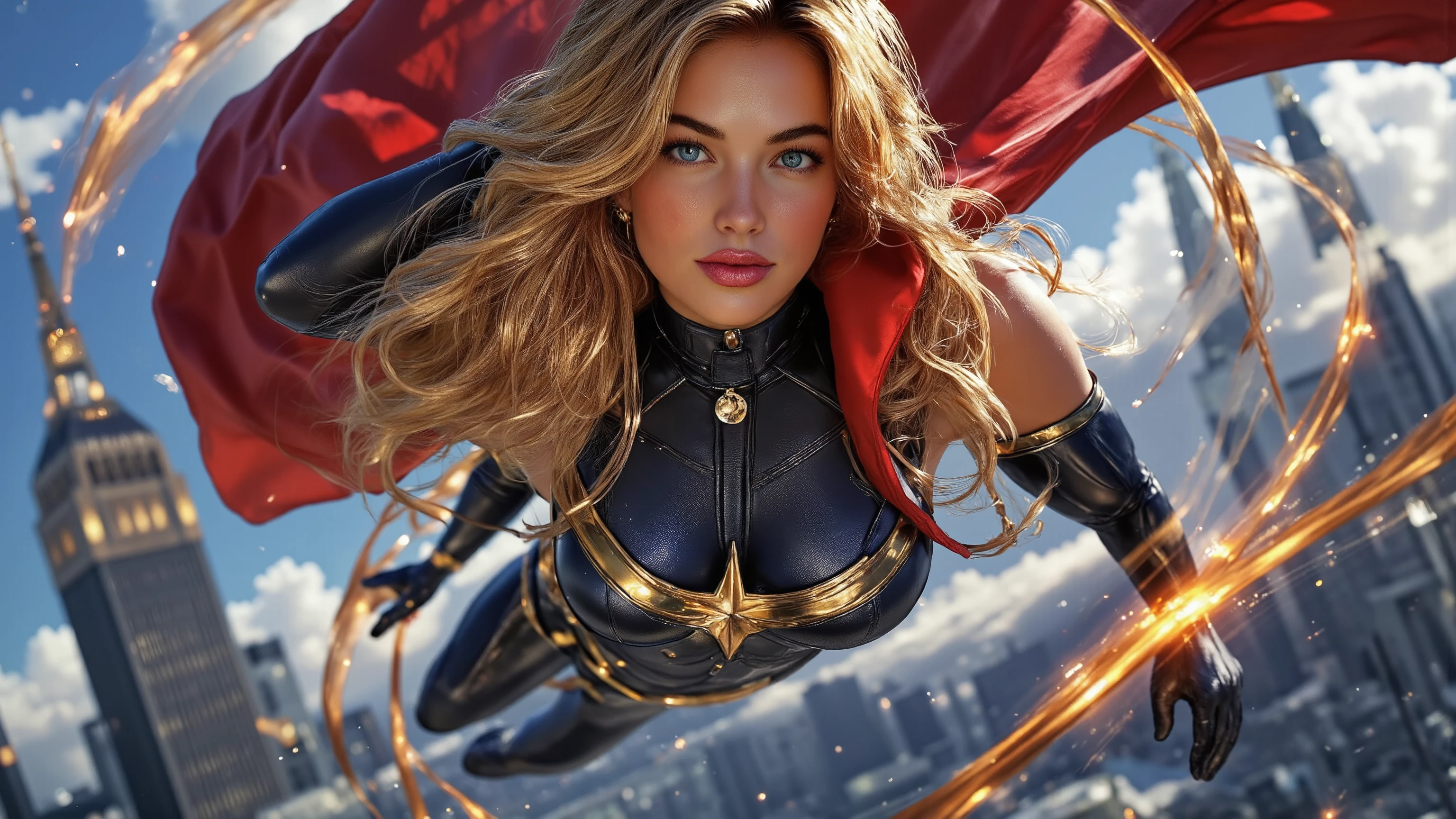 high quality, 4k, ultra-detailed, realistic, masterpiece, photorealistic, marvel comics character, ms marvel, long hair, confident expression, heroic pose, flying in the air, energy effects, city skyline background, glowing energy powers, cinematic lighting, dramatic shadows, comic book art style, digital painting