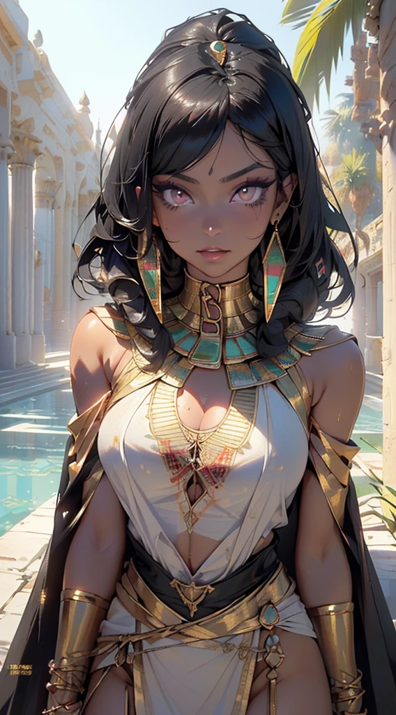 vibrant colors, 1 girl, masterpiece, sharp focus, best quality, depth of field, cinematic lighting, detailed outfit, anubis girl, anubis ears, red eyes, dark skin, cute, smile, medium black hair, egyptian outfit, golden egyptian jewelry, desert, pyramid,