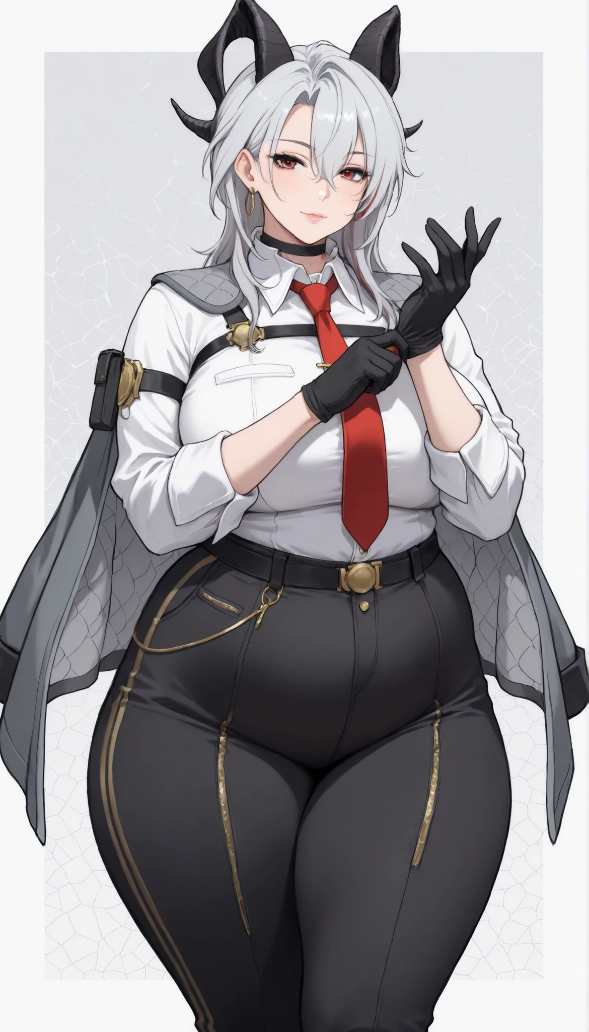 best quality, very aesthetic, intricate details, 1 woman, Mature female, 1girl, solo, mature female, smiling, closed mouth ,1girl, solo, mature female, masterpiece, best quality, solo, 1girl, z4ni, expressionless, looking at viewer, standing, adjusting gloves, long hair, multicolored hair, grey hair, hair between eyes, goat horns, demon horns, red eyes, grey coat, coat on shoulders, white shirt, collared shirt, red necktie, long sleeves, black gloves, black pants, earrings, black choker, large breasts, grey background, abstract background, adult female , mature female, whole body, chubby, chubby girl, curvy, large breasts, lips, plump, thick thighs, thighs, (((oversized gigantic stomach)), curvy, large breasts, lips, plump, thick thighs, thigh, immobile