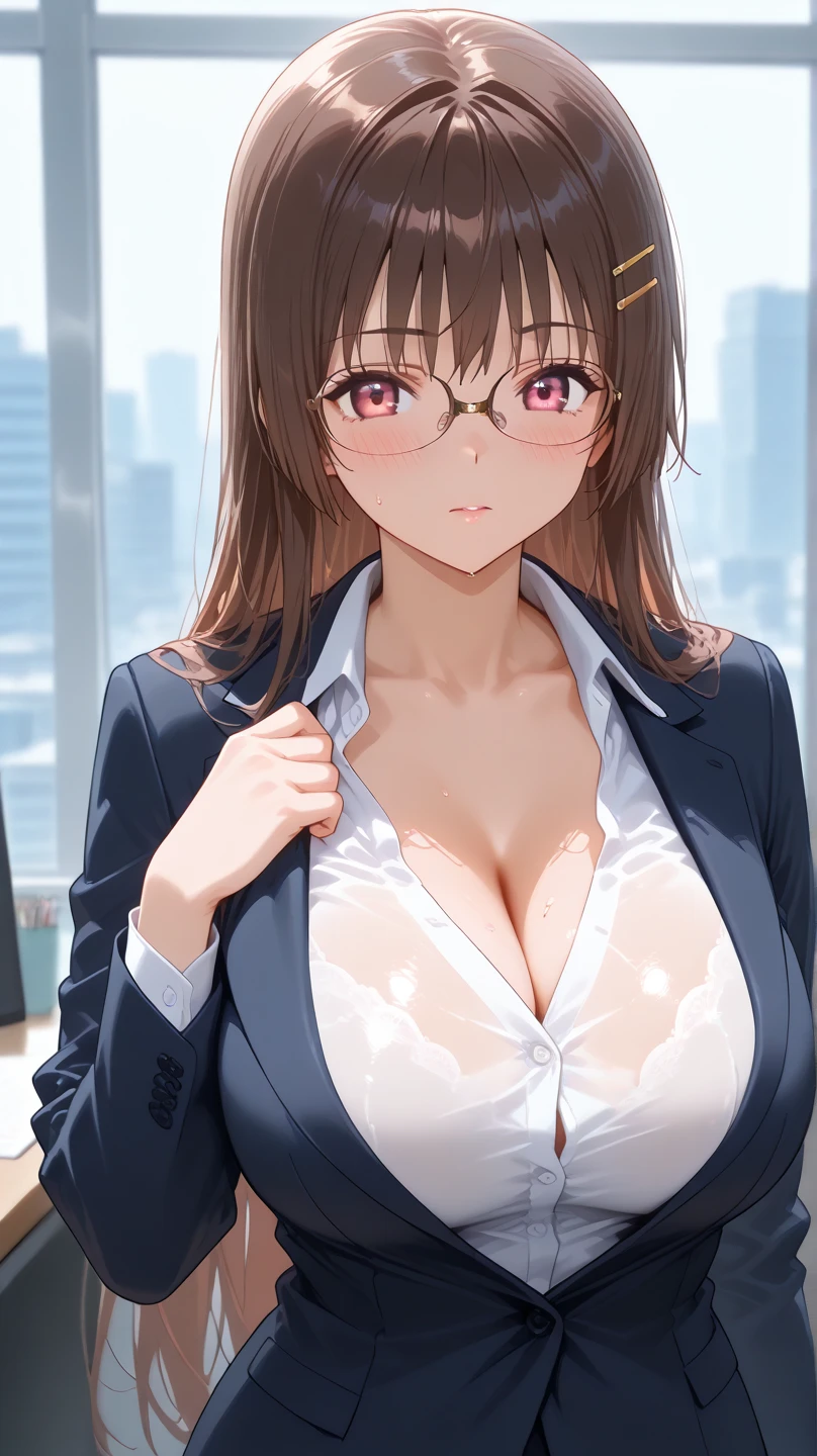 (night:1.7), Japan, Tokyo, City view, in front of the window,
standing at attention,
(upper_body),(close),(Focus on her face),
black_shirt,pantyhose, pencil skirt,white_Jacket,cleavage, clavicle,
office lady,
brown hair,red eyes, black縁メガネ,bun hair,flowing bangs,
1 girl, 24-years-old,mature woman,beautiful Finger,beautiful long legs,beautiful body,beautiful Nose,beautiful character design, perfect eyes, perfect face,
looking at the viewer, in the center of the image,
NSFW,official art,Highly detailed CG Unity 8k wallpaper, perfect lighting,colorful, bright_front_face_lit,
(masterpiece:1.0),(Highest_quality:1.0), 超High resolution,4k,super detailed,
photograph, 8k, HDR, High resolution, disorganized:1.2, kodak portrait 400, film grain, blurred background, Bokeh:1.2, Lens flare, (lively_color:1.2)
(beautiful,big_chest:1.4), (beautiful_face:1.5),(narrow_waist),