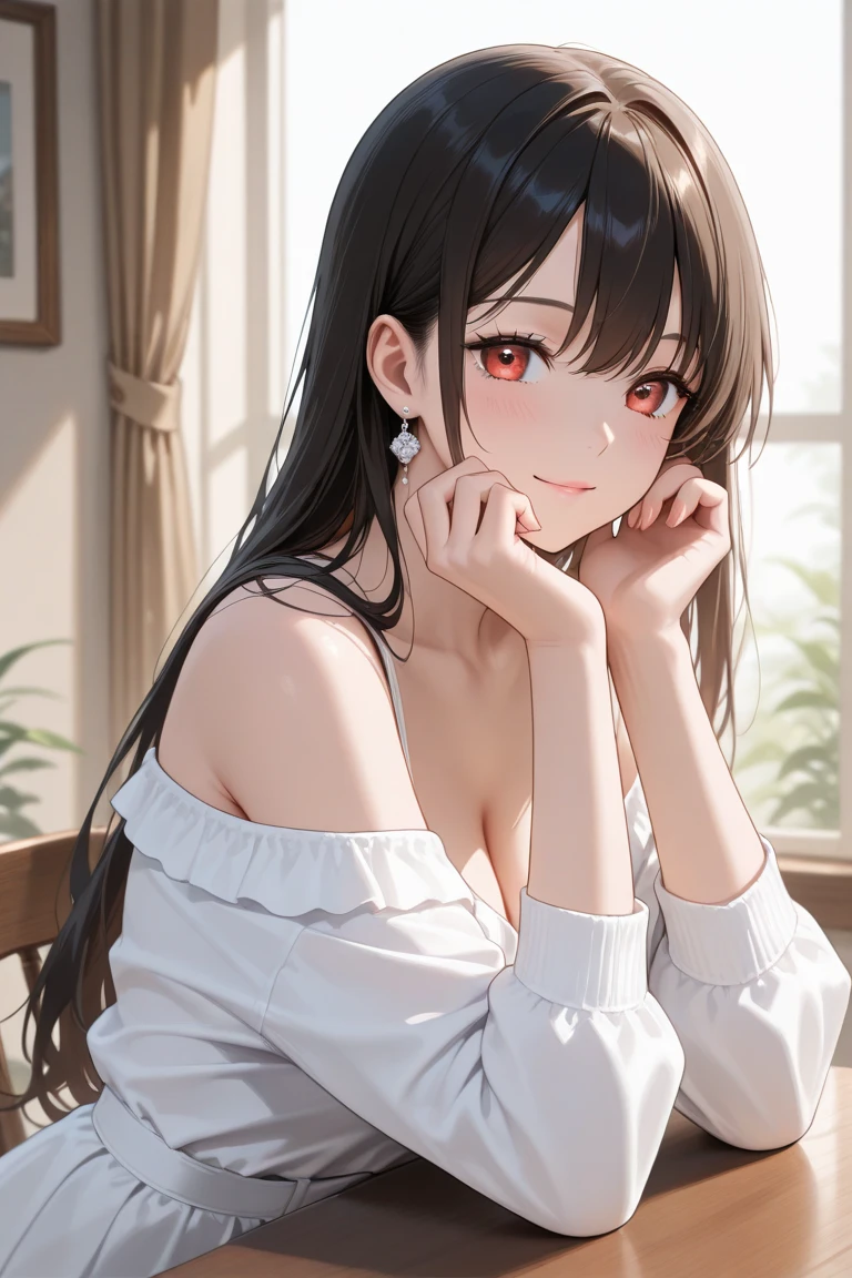hand on own chest, cleavage, (night:1.5), upper body、side angle, (pale skin: 1.2), shiny skin, shiny hair、(A 25-year-old woman with medium-length hair and bangs) and (wavy hair) and (brown hair) and (orange eyes) and (half closed eyes), (white) and (off shoulder blouse), smile, (blush:1.3), open mouth, The background is a hotel room、Alone、Are standing