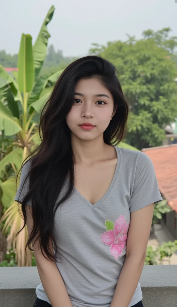 (best quality:1.4), (ultra highres:1.2), (photorealistic:1.4), (8k, RAW photo:1.2),(portrait shot:1.3), bmangpor, 1girl, solo, long hair, black hair, upper body, armpits, arm up, red shirt,