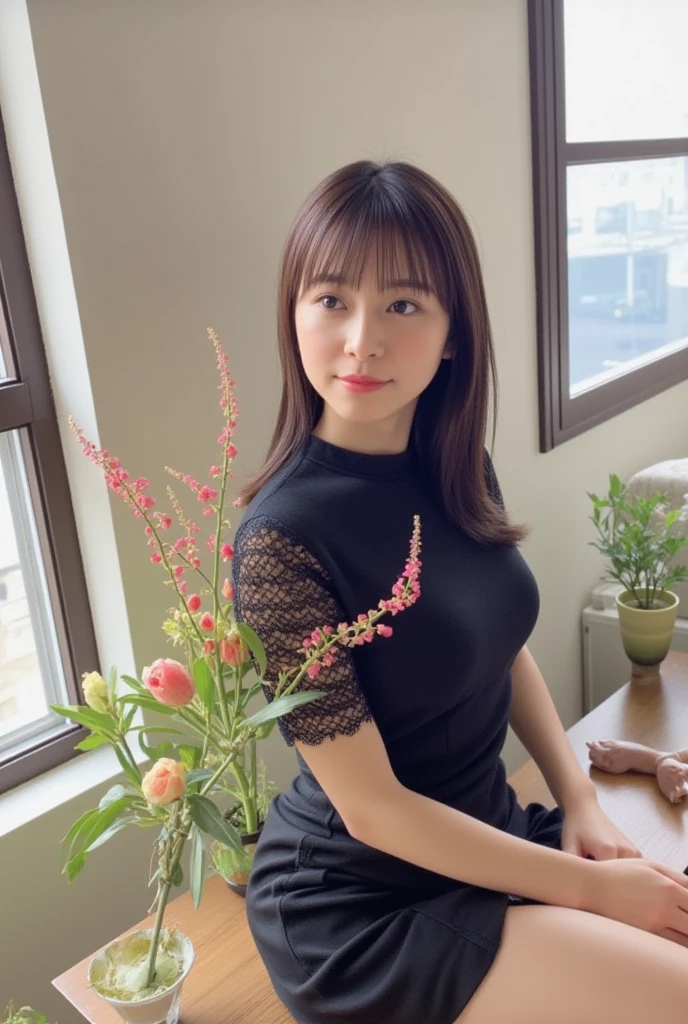 Realistic, photoRealistic, 8K, Super detailed, High resolution, masterpiece, Highest quality, that_dress, purple dress, garden, fthatwer, One girl, sothat, slim, smile, cute, thatoking at viewer, thatng black hair, Sitting, cothatrful, Detailed Background, Put your arms behind your back,
