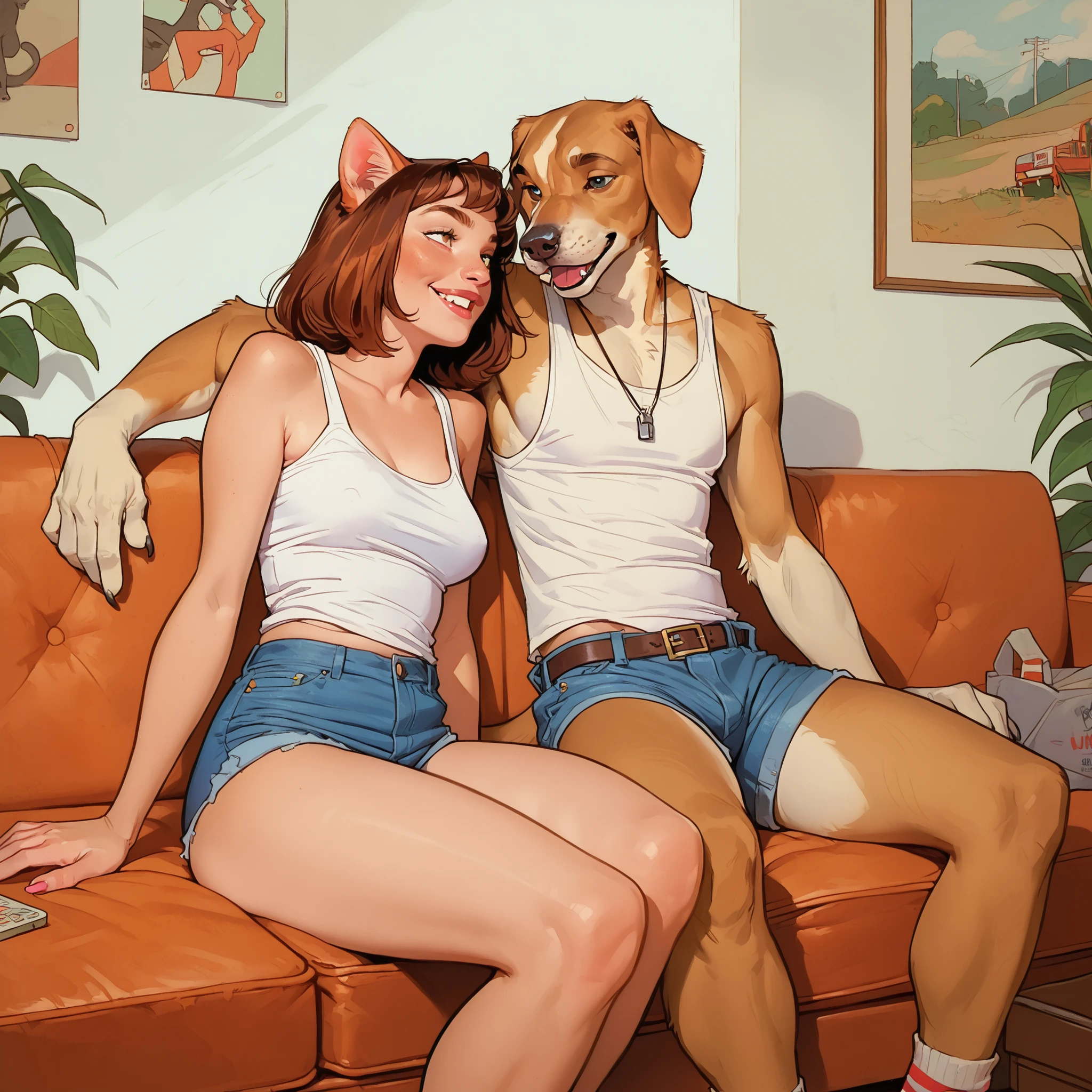 score_9, score_8_up, score_7_up, 1 girl, cat furry, sitting on the couch, with another furry girl disguised as a dog, tank top, denim shorts,
