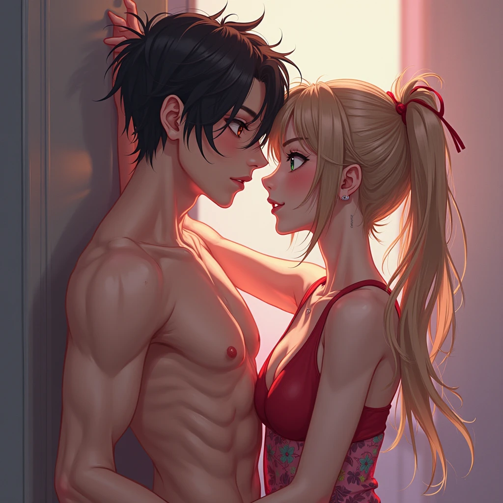 Realistic action and romance book cover of teens at school with title "The New King of the Streets". writer: LiFear. Two characters must be on the cover:
Man - **kor:** - **Appearance:** Dark-brown hair, smooth and cut in a disorderly manner, deep brown eyes, brown skin, thin, undefined body without a shirt.
Woman - **kor:**
- **Appearance:** Light brown wavy hair, greeneyes, skin fair, average height and athletic body.