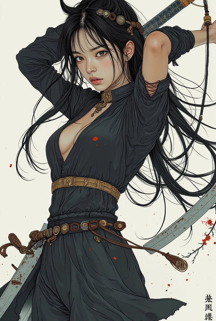 Hinata Hyūga, color pieces, sketchbook, hand drawn sketch, dark sketch, boy name, realist, Tuscany, Combination of thick dark lines and loose lines, thick line, On paper, rotating character sheet, female, whole body, mysterious symbol, speech, dark environment, Partially braided wavy blue hair, beautiful, attractive, ropa de cuero acolchado con speech bordadas, modestas botas de cuero bordadas con speech fondo oscuro, in great detail, Thick lines, distorted background