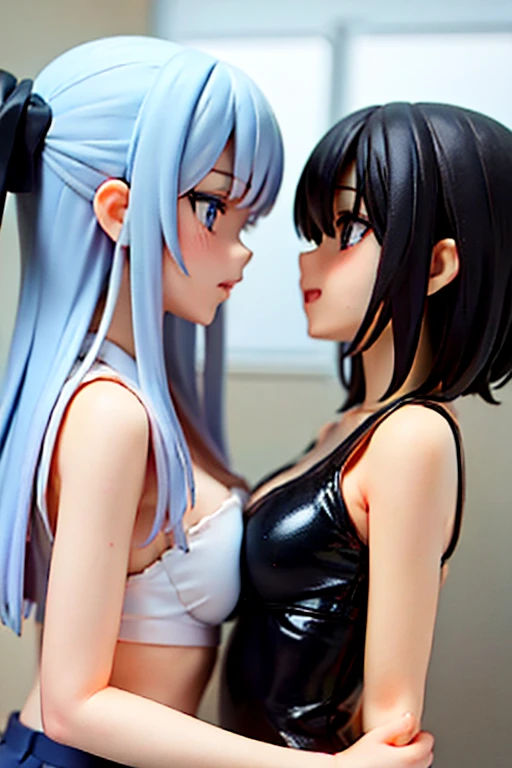 Chica1:BULMA、mischievous look,blue fur,bob cut,informal、Kisses with mouth and hugs staring、 ilo bikini clothing, Now、
girl 2:He saw, mischievous look,long black hair,informal。Kisses with mouth and hugs, stare、ilo bikini clothing, Now