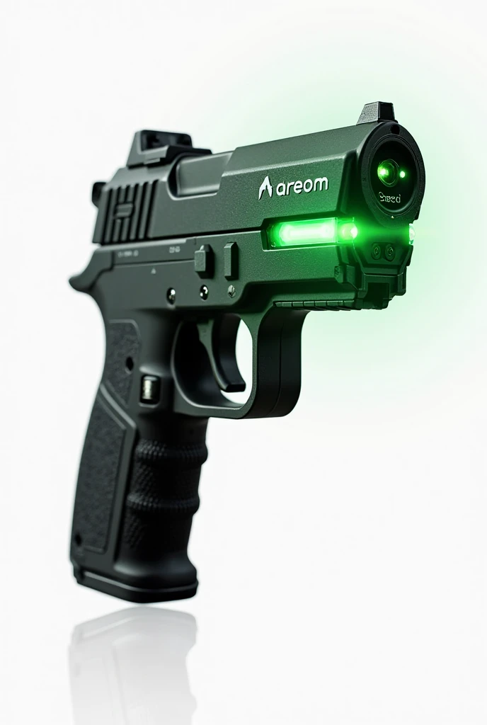generates an image of a gun-type laser, device with a black and green color palette, The image should focus on showing with Miniaturized and Powerful Energy Source, with Spatial Fold Beam Generator and Modulator that allows you to control the intensity and duration of the effect. with Molecular Focusing and Tracking System, with Intensity and Duration Controls. Make sure that the name “dreom” is visible around the device.  The background of the image must be white . And from different focused angles of the device