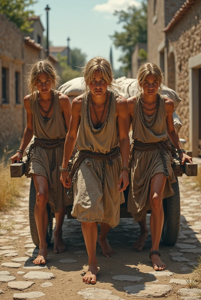 Roman field girls slaves of Germany,Slavs tribal 1st century BC. Roman villa, working on a farm, rural hinterland , southern Italy, tanned from the sun and dirt, weathered skin, beautiful faces, brown hair somehow cropped tied in a ponytail, sweaty, sweat covers the skin and glitters in the sun, barefoot, in rags made of burlap barely covering the middle of the hips, the age is about 22-24 years old.tired, scared, stupefied from work, dirty feet, carrying baskets, a lot of details, high texture of fabric and body,hyperrealism