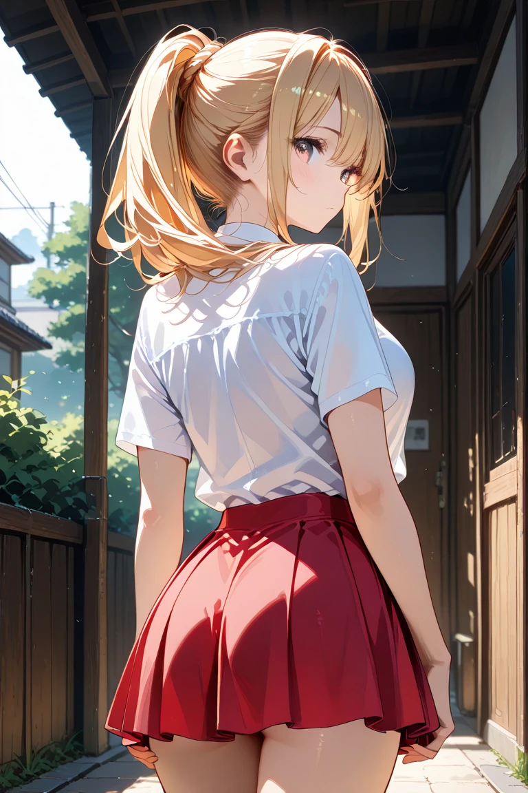 A girl seen from the perspective of a standing viewer, (POV from behind:1.4), (standing doggy style vaginal sex:1.4), (1girl, buttocks, turn around, back shot, sharp focus solo), (Masterpiece, Super realistic, Super details, Super Highest Quality, Super Highest Quality), super cute and beautiful girl, You are male professional photographer, Japanese gal, For dark brown eyes, Blonde yellow hair, Pink ribbon, gal make-up, False eyelashes, Pearl pink lips, Unbuttoned out Hemmed sailor red open collared open front white shirt, (Very thin shirt:1.3), beautiful focus, big open mouth, (brown eyes:1.4), big round chest, BREAK, (Half down two side up blonde very long hair style:1.4), (Wider at the hem flabby large in size Super Loose Socks:1.4), (wear loafer:1.2), An innocent , (skin fang:1.2), realistic cute Japanese girl, standing pose, wear white unbuttoned shirt, low-rise pleated plaid micro mini skirt, loose socks, loafer, Japanese cute girls, long slim legs, long hair, blonde hair, two side up, hair ribbon, pink ribbon, , frills, opened sailor collar, necktie, white shirt, long sleeves, red skirt, from behind POV, (shirt trimmed with white frills:1.4), from crowded above,