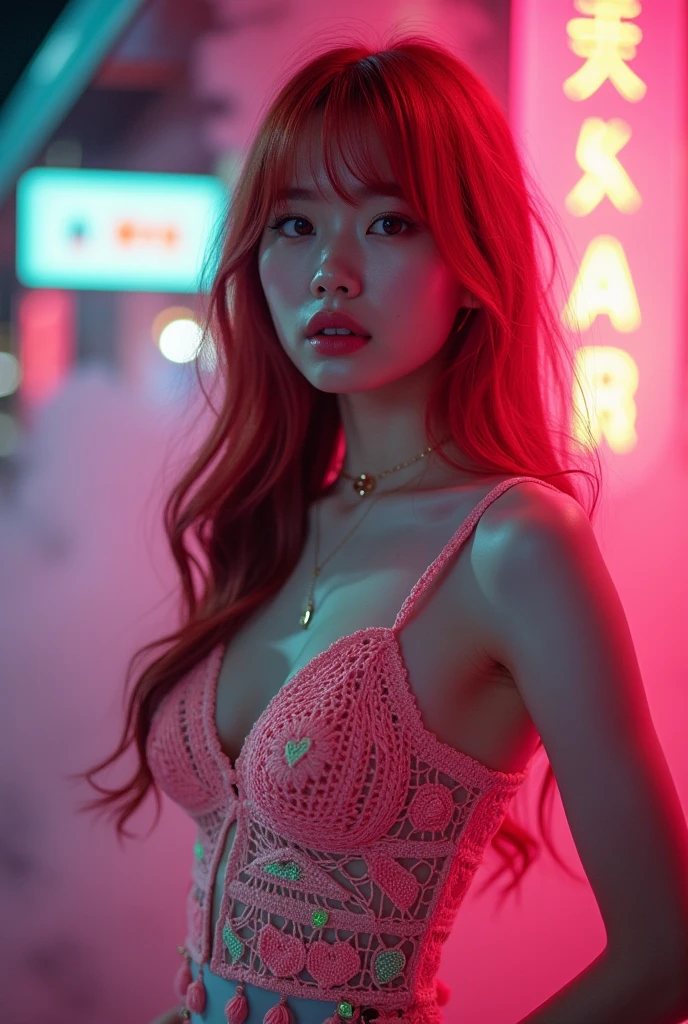 best quality, 8k, very delicate and beautiful, highly detailed face and skin texture, shiny skin, high resolution, big tits sexy pink hair japanese girl in lingerie stand on rooftop with city view at sunset, sharp focus