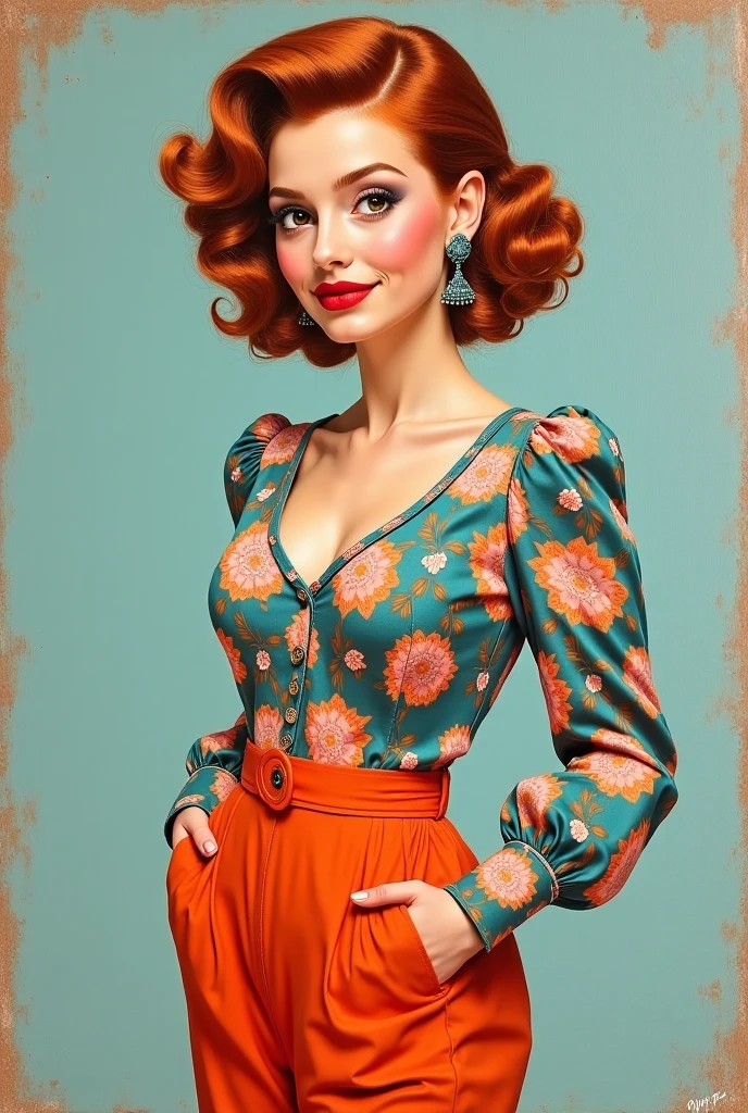 (medium full shot) of (retro rockabilly) young woman, lithe build, extra long ginger shag cut hair, american, pale skin, dark green eyes, wearing a teal knotted blouse, pencil skirt with bold prints, kitten heels, eyeliner, bangle bracelets leather belt, set in an elegant dance hall, with sophisticated decor, chic lighting, stylish seating, and classic dance floor, woman smiling, ,Masterpiece,best quality, raw photo, realistic, very aesthetic, dark