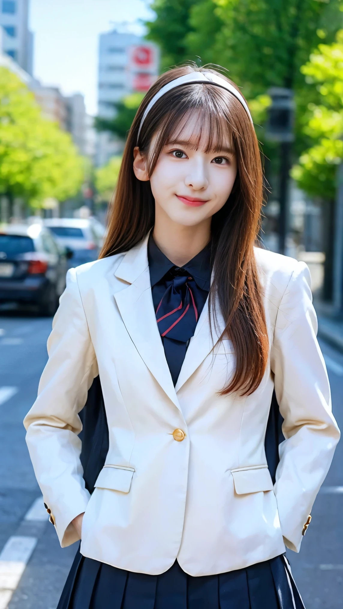 1 girl, Japanese High School Girls, (blazer uniform), upper body, white cat ear headband、smiles、Shibuya City, masterpiece, Best Quality, Best Quality, Movie Lighting, ( Stereo lighting ), extremely detailed CG unity 8kの壁紙, Concentrated, extremely detailed, is overexpressed , photorealistic, sharp concentration,  absurd, (high resolution:1.2), (high contrast),  photos by 1 velcro, Detailed and Complicated, instagram, portrait, very detailed, Digital Painting, Art Station, concept art,  smooth, sharp concentration, illustrations, Movie Lighting, staring at viewers, (standing), ((Hipshot:1.6))
