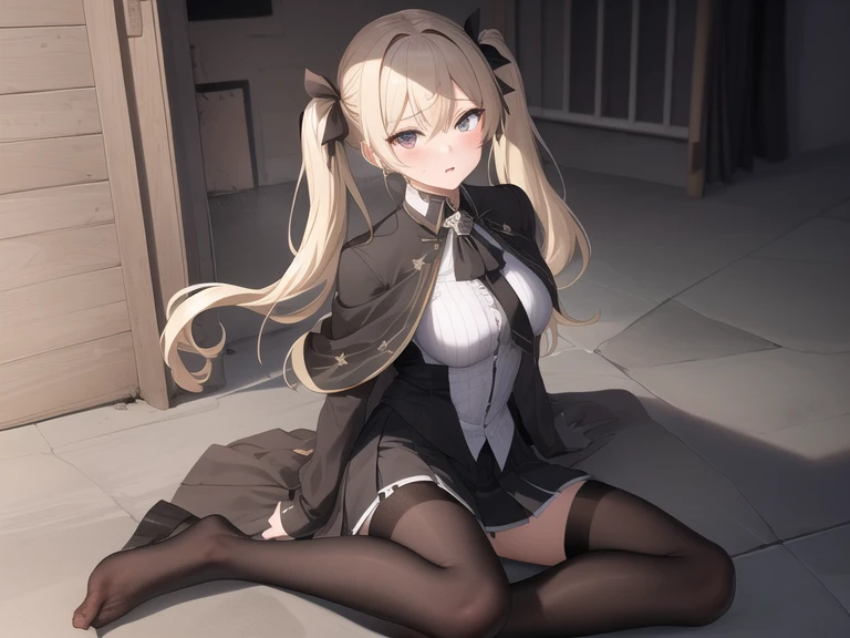 ((POV))), ((kagaku: 1.2)))), ((Look up at me))), (Shy look: 1.2)))), (18yr old,Neat girl))))), (ponytail in high position,wavey hair,brown hair,The bangs float diagonally), mid - length hair, The scene seen from below, (((Full body shot:1.2)), (Focus on the chest and face), ((Very intimate relationships:1.2)), (()), (Upturned breasts), ((((In a classroom illuminated by the setting sun: 1.2)), ((Standing inside the curtain on the opposite side fluttering in the wind)), ((She was wrapped in thin curtains)), (Stare at me with upward and downward eyes)), Highly Detailed Face and Skin Textur, Detailed eyes, 二重まぶた, Natural cheeks, eBlue eyes, (((Moist eyes: 1.3)), shiny little necklace and earrings, shiny lip: 1.4, acurate, anatomy correct,perfect hand,perfect foot,with perfect legs,Black pantyhose,、slender leg,Silk feet,black pantyhoses,black lence stockings,Perspectiveal,Black socks,Black socks,Black stockings,Black socks,Black tights,blackstockings,Type M,legs separated,opening legs,low chest,cleavage,long leges,cropped shoulders,No shoes,bends his knees,squatt,Hold your legs,knee hugging