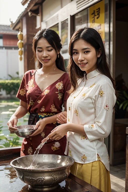 a group of pink yellow FRANGIPANI petals shaped face HELLO KITTY mini, each petal shaped face HELLO KITTY mini, grows with lush leaves in pots. a beautiful Chinese Indonesian woman, long brownish-blue hair, smiling thinly, white red javanese traditional clothes with a shawl dangling around her waist, holding a pot, with the background of the traditional gadang house, around her green and fresh plants 