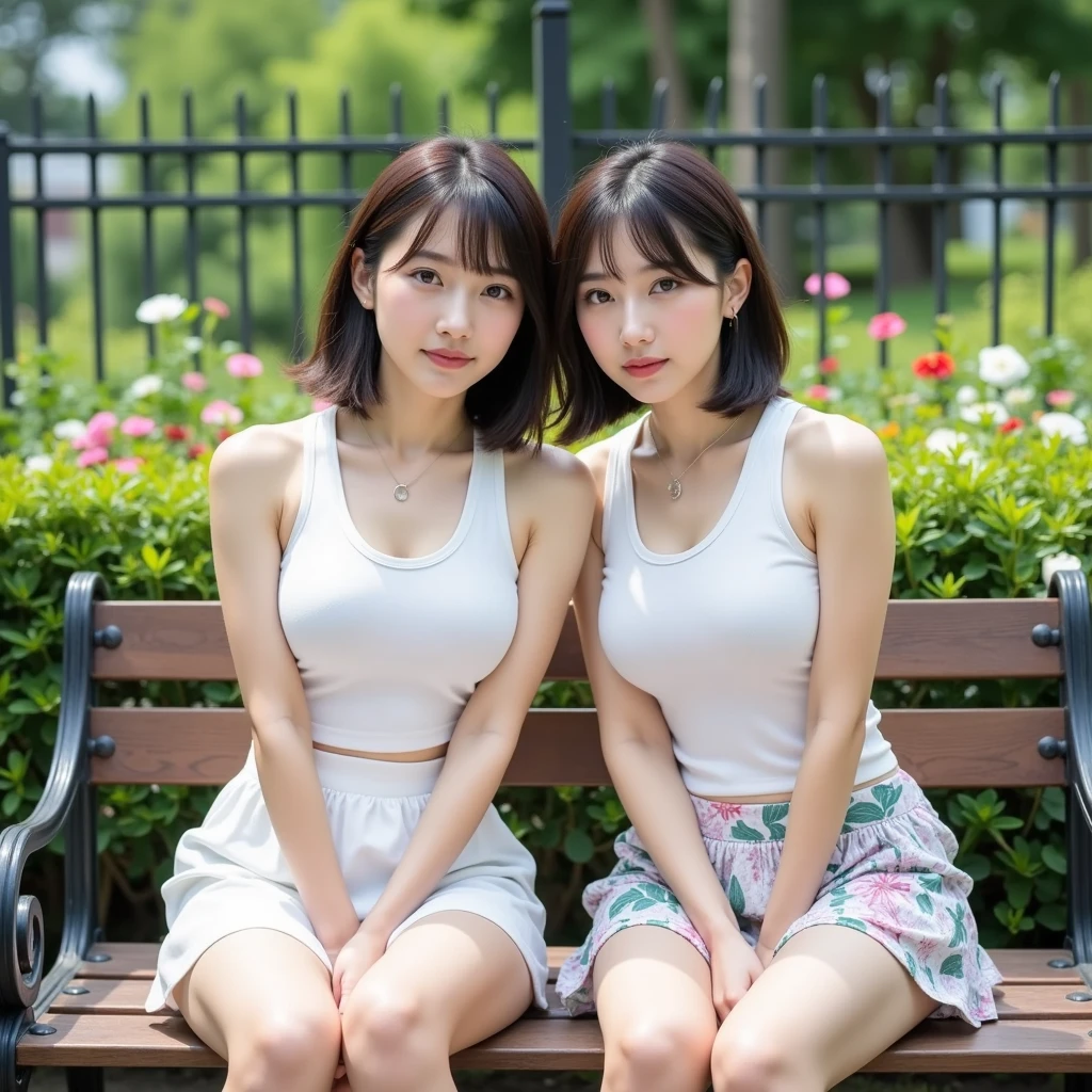 in flower field、(Twin girls taking a walk:1.3)、(Close-up of bust:1.3)、(Looking up from your feet:1.3)、Faces are similar、(Wearing a bright tank top:1.3)、(Wearing a bright miniskirt:1.3)、(masterpiece、top-quality) 、Soft lighting、dynamic ungle、absolutely outstanding image, very extremely beautiful、masterpiece, top-quality,Photos, kawaii、(Colossal tits:1.3)、20 year old girl、The skin is reddened、Girl with realistic young idol Japan、Young cute gravure idol、Young Sensual Gravure Idol、Young gravure idols、model in Japan、8k