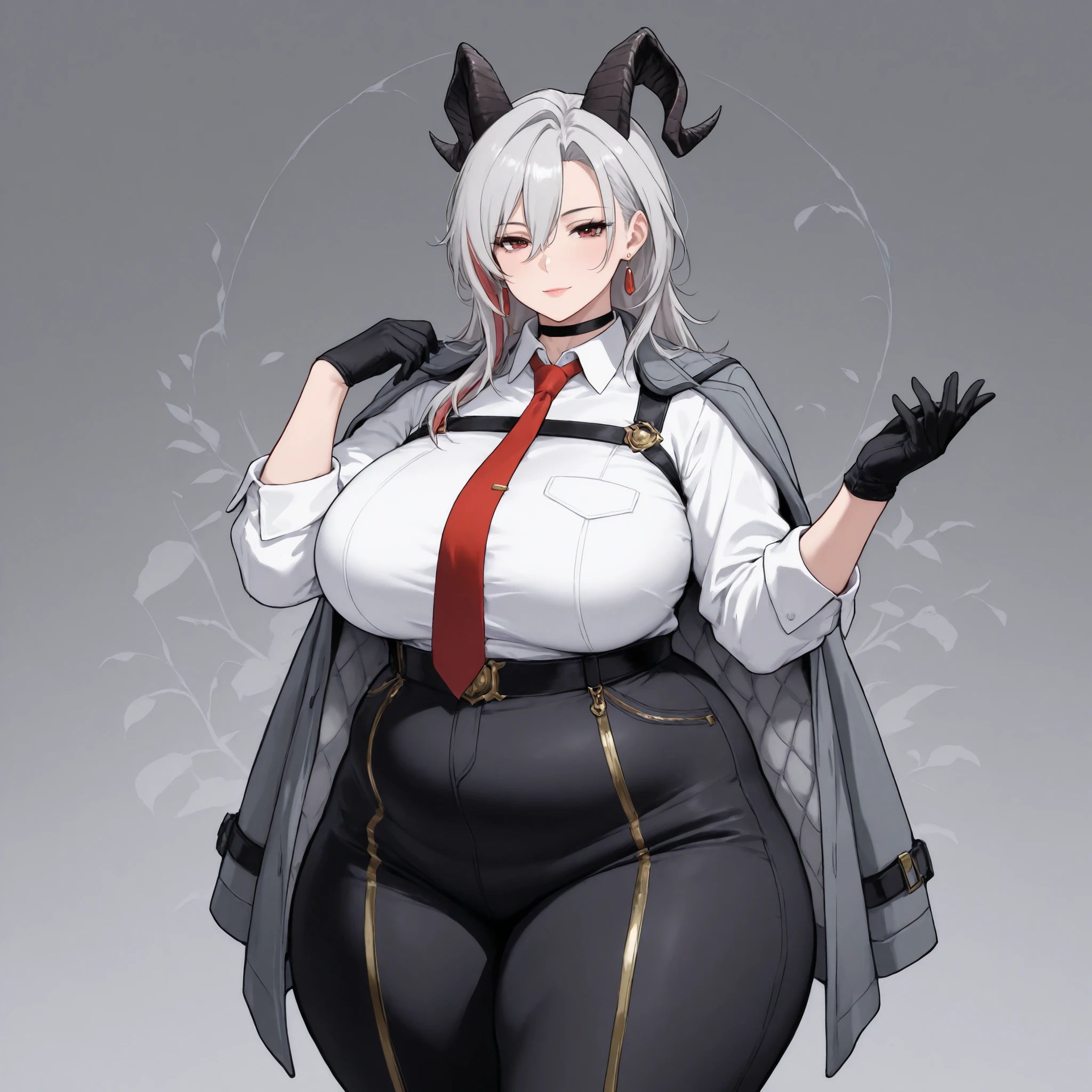 best quality, very aesthetic, intricate details, 1 woman, Mature female, 1girl, solo, mature female, smiling, closed mouth ,1girl, solo, mature female, masterpiece, best quality, solo, 1girl, z4ni, expressionless, looking at viewer, standing, adjusting gloves, long hair, multicolored hair, grey hair, hair between eyes, goat horns, demon horns, red eyes, grey coat, coat on shoulders, white shirt, collared shirt, red necktie, long sleeves, black gloves, black pants, earrings, black choker, large breasts, grey background, abstract background, adult female , mature female, whole body, chubby, chubby girl, curvy, large breasts, lips, plump, thick thighs, thighs, (((oversized gigantic stomach)), curvy, large breasts, lips, plump, thick thighs, thigh, immobile