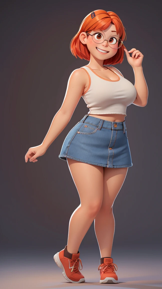 high detailed, masterpiece <lora:P2p0:1> 1girl cartoon character in a mini skirt and high heel shoes, short hair, bob style hair, orange hair, perfect hands, big breast, wide hips, thick thighs, ultra realistic digital art, a 3D render, photorealism, clean scene, white background, white wall, shinny floor, white floor