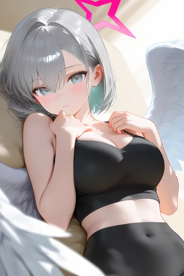 masterpiece, highest quality, 1 girl、Sagume, Silver medium hair,silver eyes(heart shaped eyes) , bed、Angel'wing、big breasts、thin、full nude、seeking courtship、Only the upper body is visible、A face in heat、beautiful breasts、courtship actions