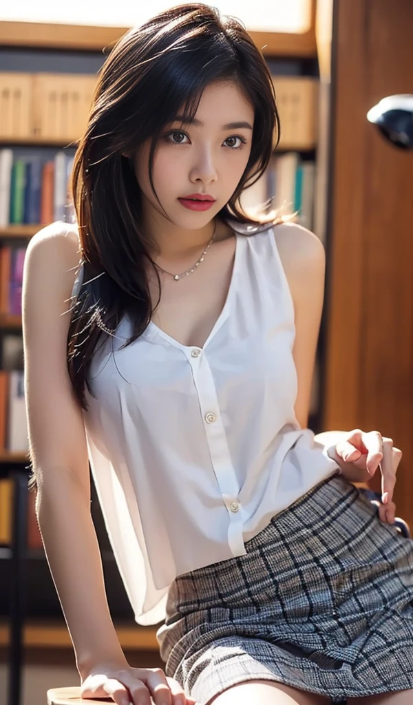 A high school girl wearing a short, checkered pleated skirt、plump thighs、unbuttoned white blouse、